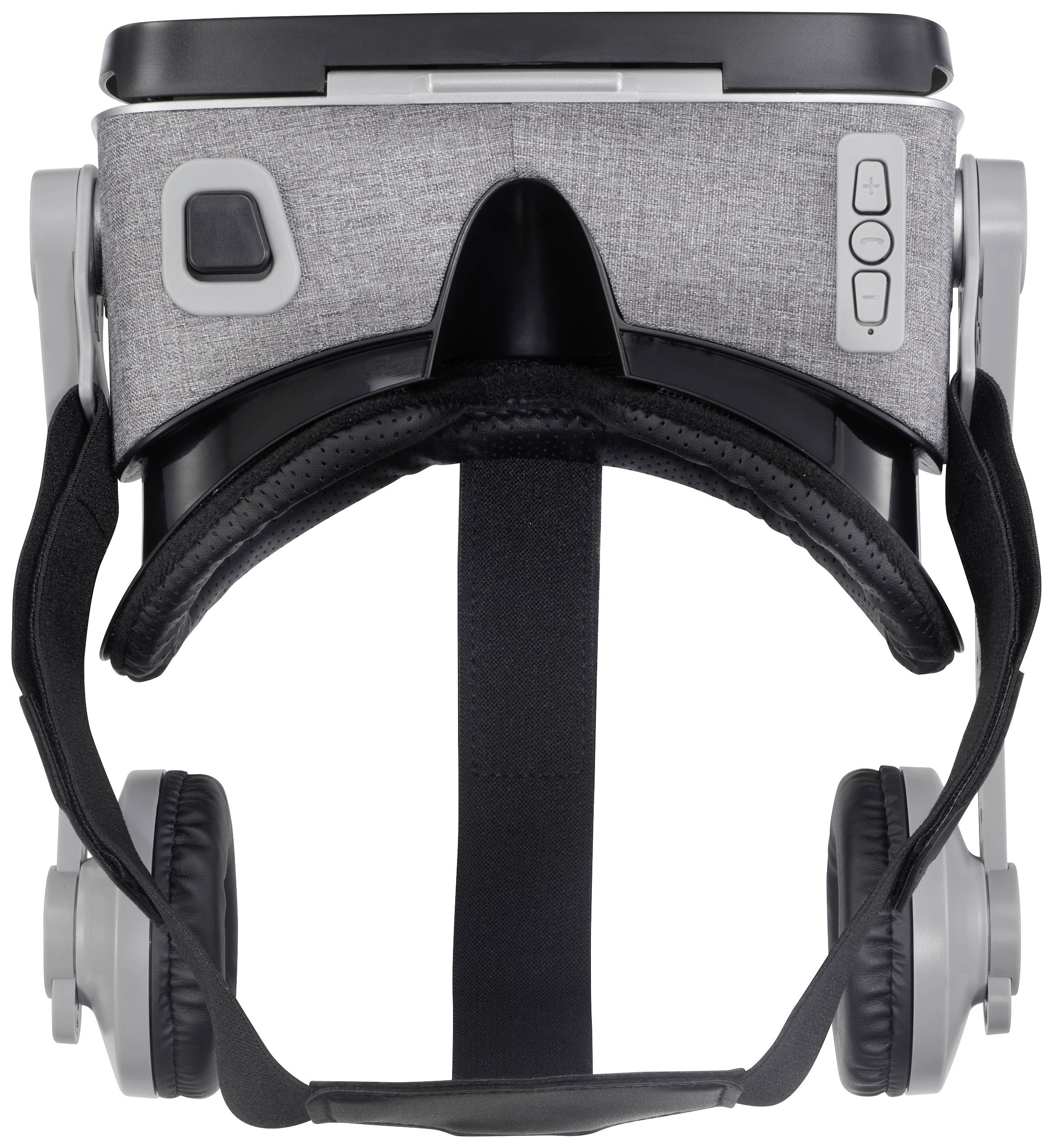 Un casque de réalité virtuelle avec des écouteurs intégrés, de design gris et noir. Des boutons sur le côté pour le contrôle.