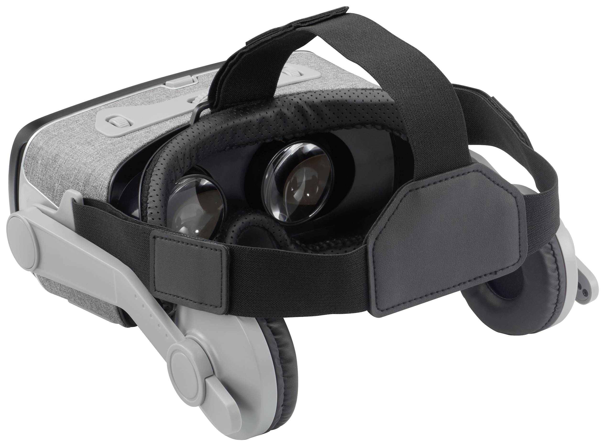 Un casque de réalité virtuelle avec des écouteurs intégrés, recouvert de tissu gris et doté d'une sangle de tête réglable.