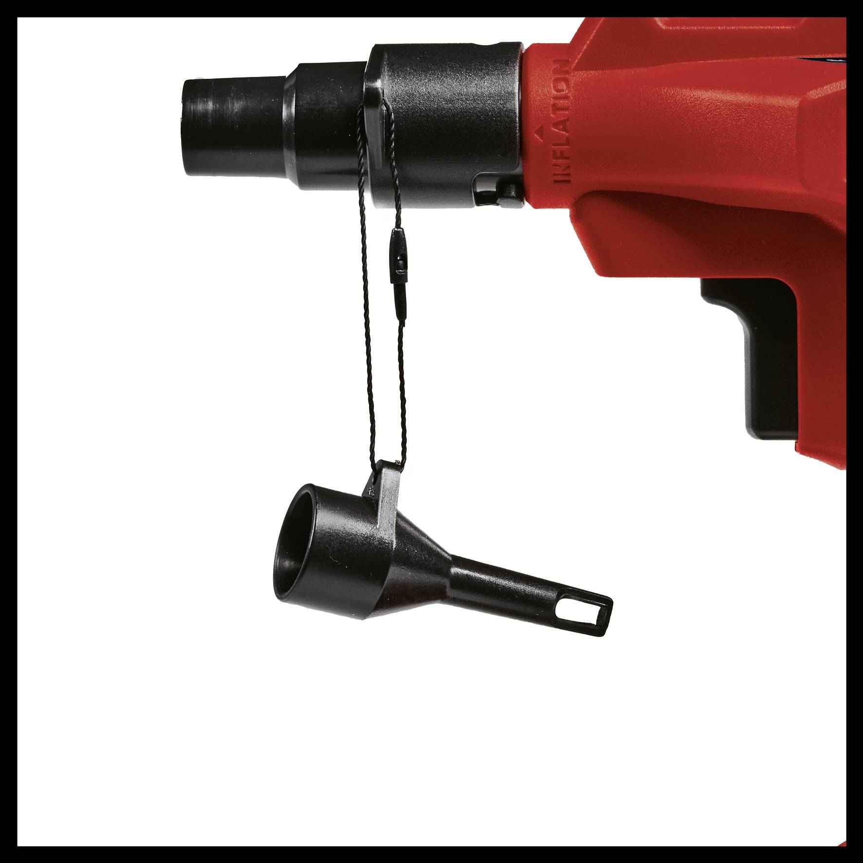 Marteau perforateur rouge avec tête de forage noire, capuchon de protection amovible et boucle de câble. Outil destiné aux travaux de construction lourds.