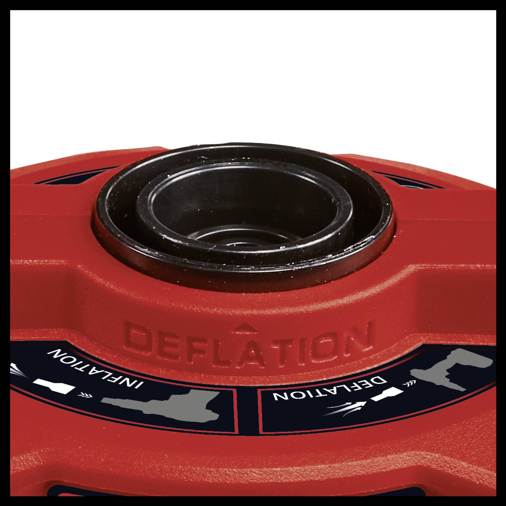 Objet rouge avec une partie circulaire noire au centre, étiqueté avec 'Déflation' et 'Inflation' en texte blanc sur un fond gris.