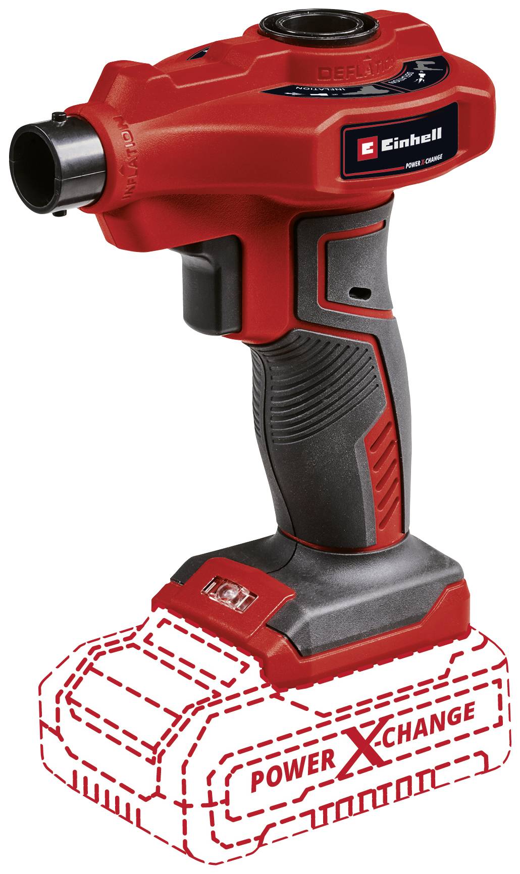 Compresseur d'air à batterie rouge Einhell, modèle 'GE-LP 18'. Compatible avec la plateforme Power X-Change. Batterie et chargeur non inclus.