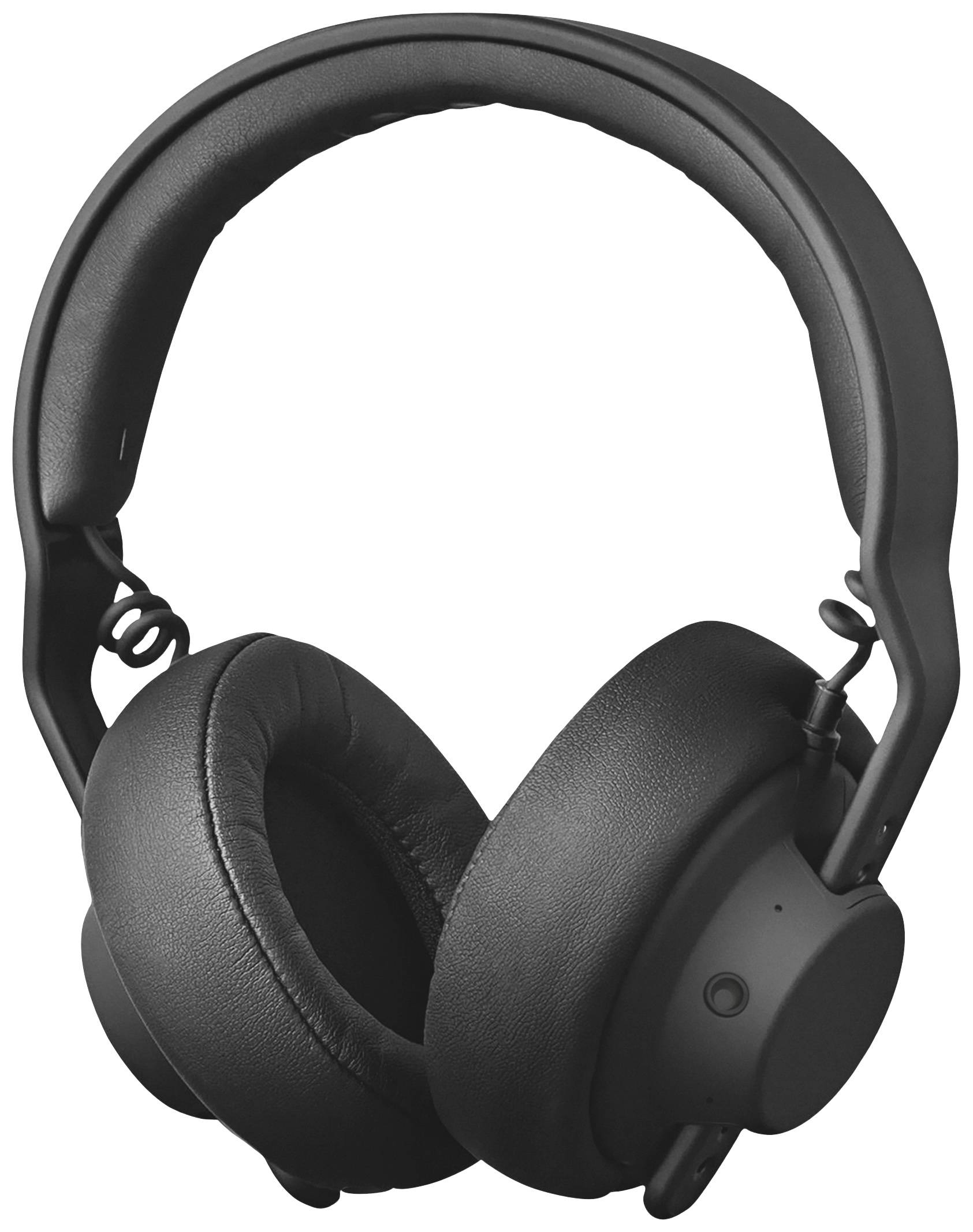 Écouteurs over-ear noirs sans fil, avec coussins d'oreille rembourrés et un design minimaliste.