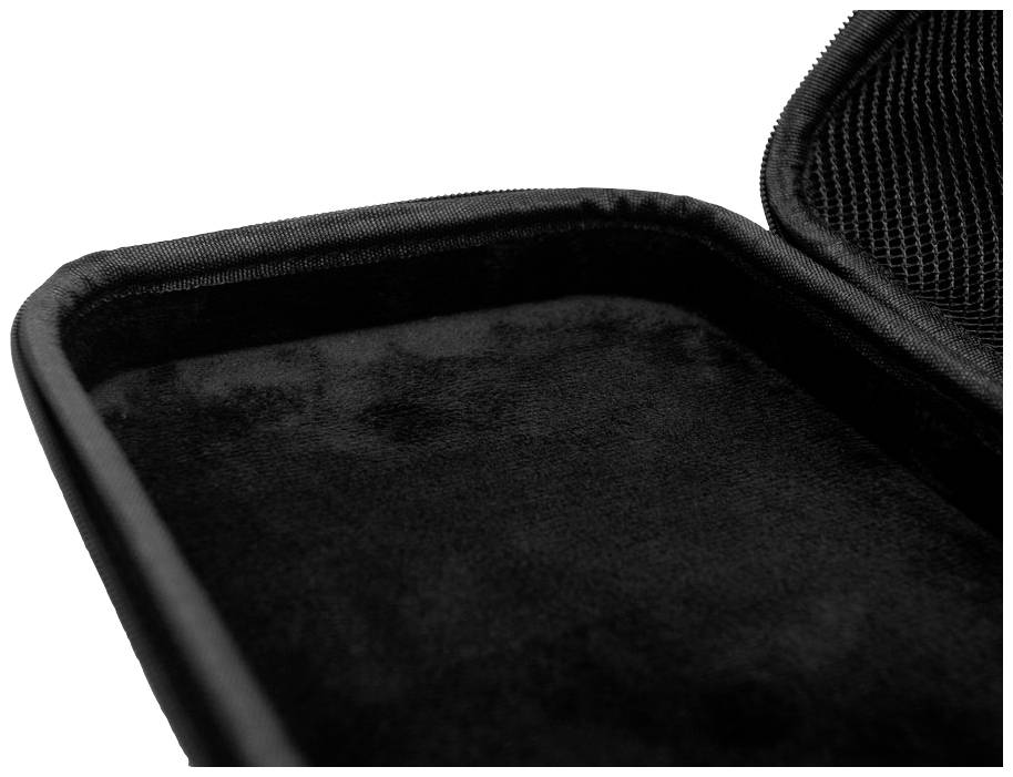 Une housse de protection ouverte en noir avec doublure en velours et fermeture éclair. Adaptée au rangement sécurisé de petits objets ou d'équipements électroniques.