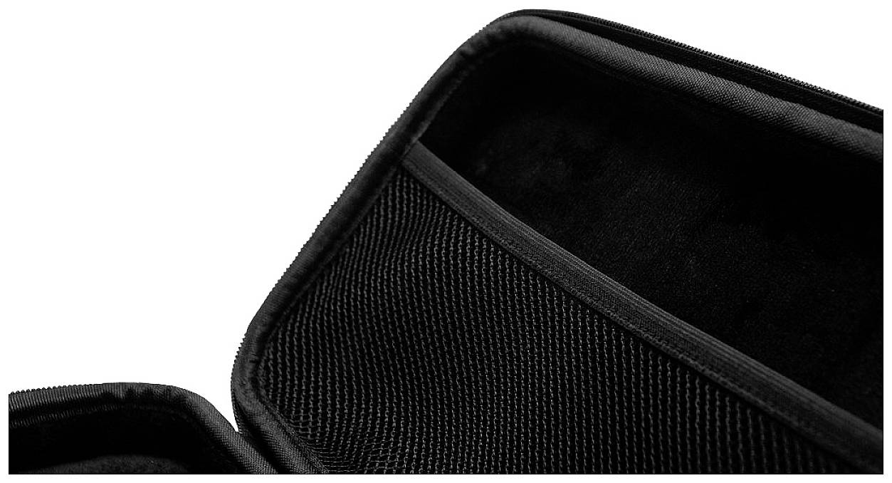 Un étui noir ouvert avec des poches en filet à l'intérieur, adapté au rangement sécurisé de petits objets.