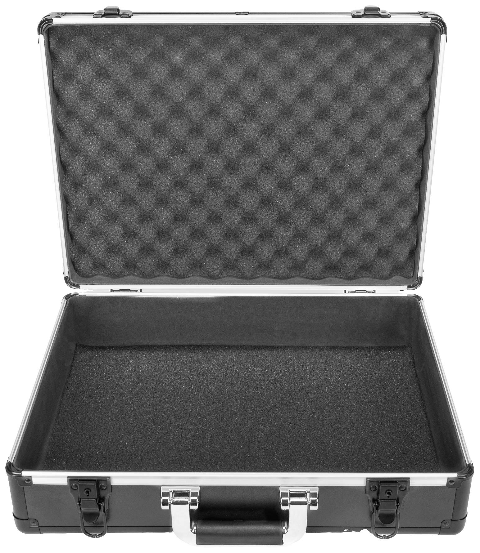 Mallette métallique ouverte et vide, avec rembourrage noir, adaptée au transport d'équipements ou d'objets fragiles.