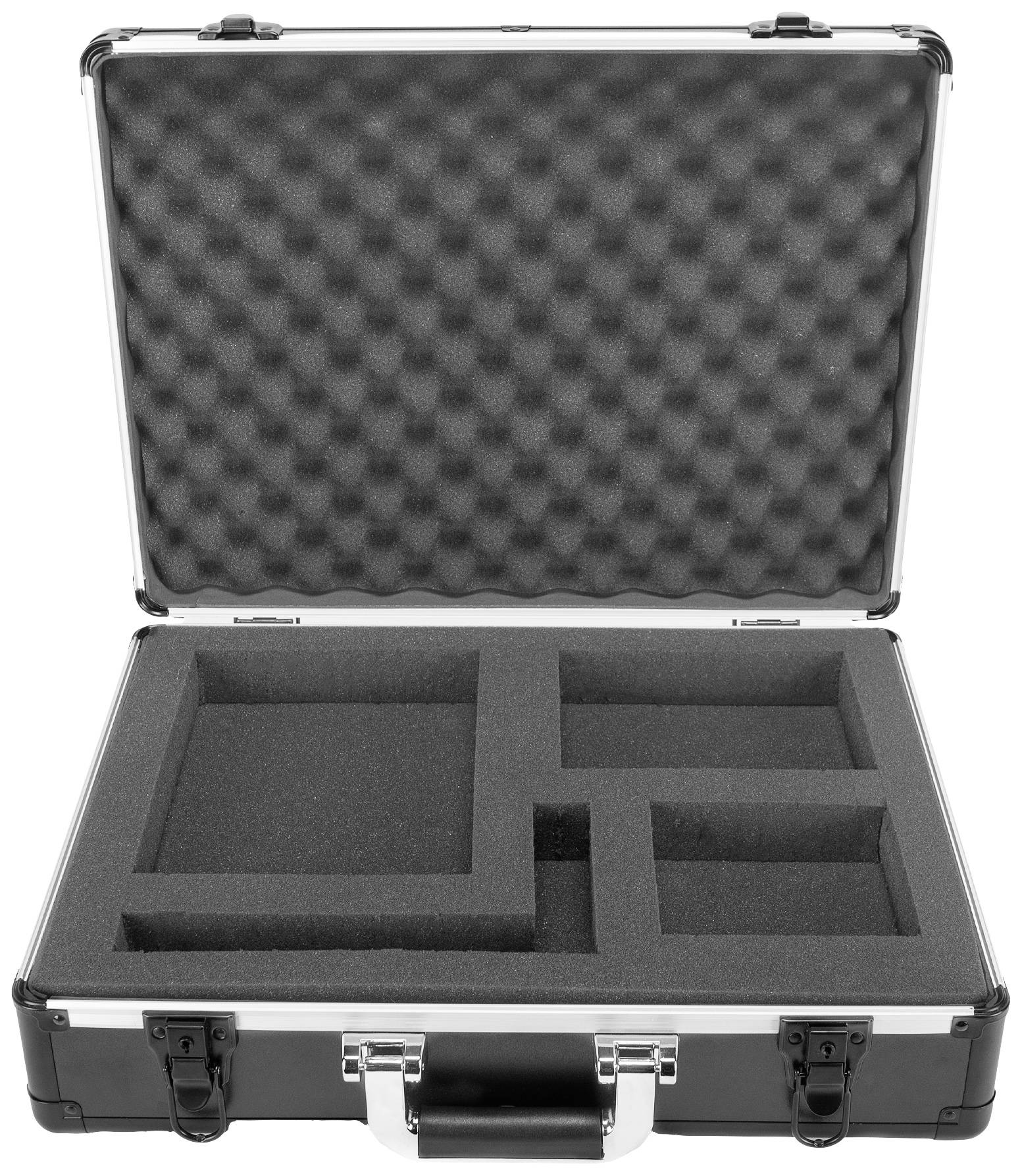 Une valise vide ouverte avec des insertions en mousse de différentes tailles, adaptée au rangement sécurisé d'objets fragiles.
