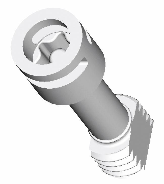 Modèle tridimensionnel d'une fiche métallique filetée, typiquement utilisée pour les connexions de câbles dans les appareils électroniques.