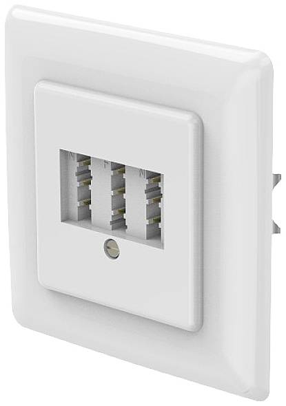 Prise téléphonique triple avec trois emplacements, adaptée aux connexions de câbles téléphoniques RJ11, dans un cadre rectangulaire blanc.