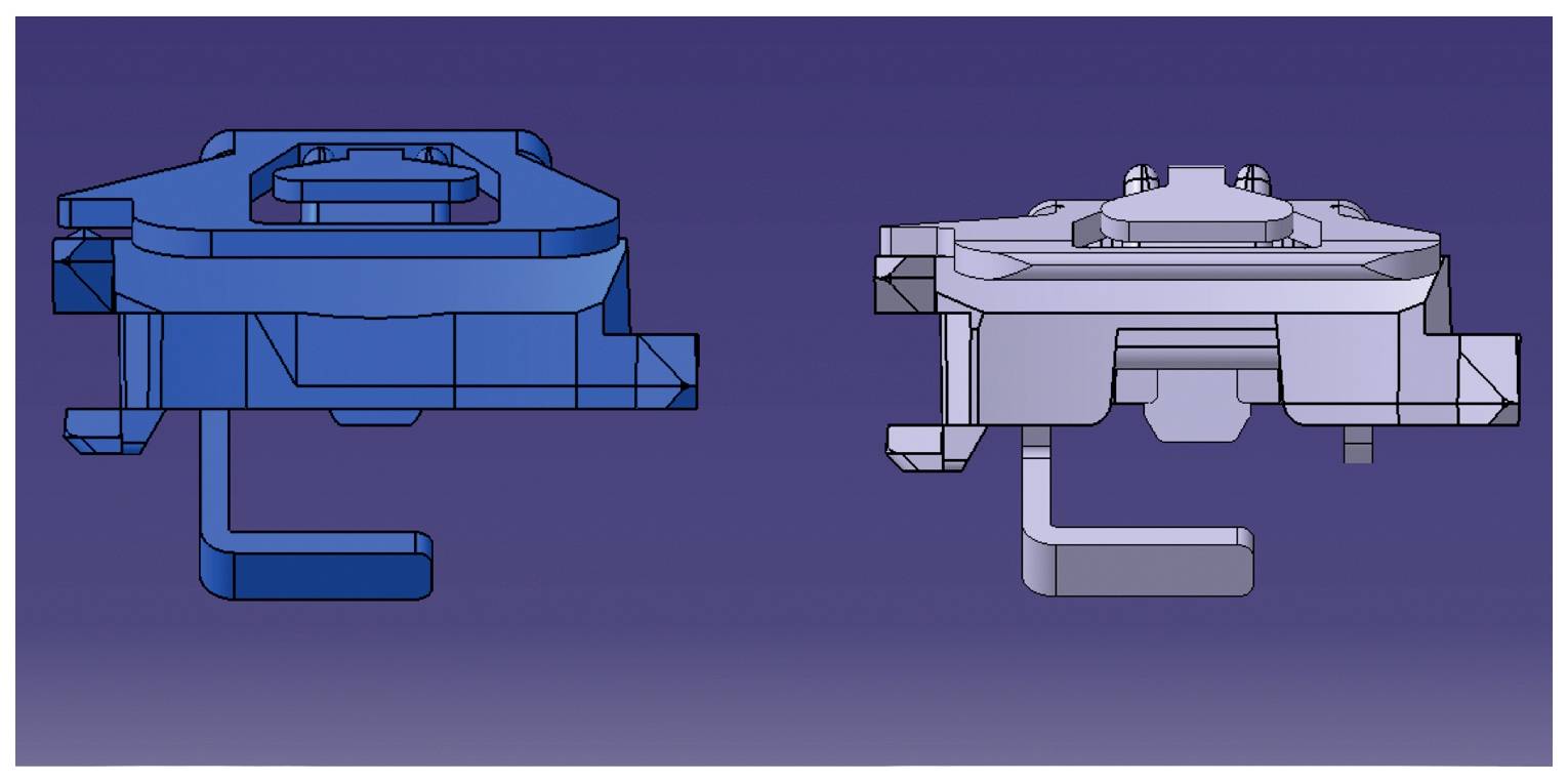 Deux dessins techniques d'une pièce métallique ; à gauche en bleu, à droite en gris. Les deux montrent différentes perspectives et détails.