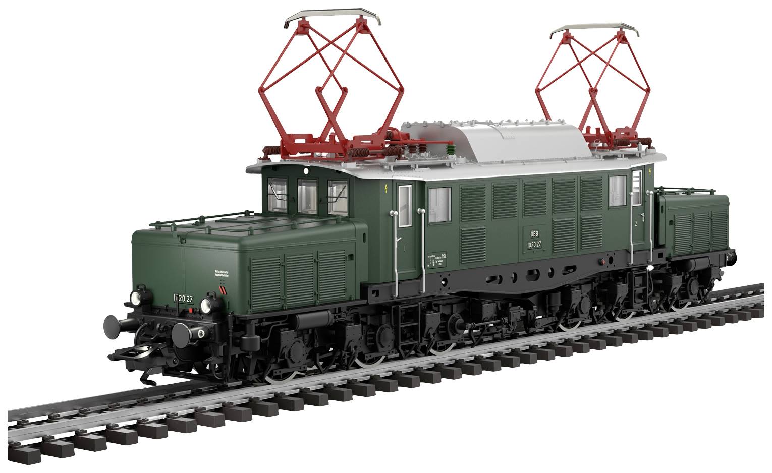 Modèle vert d'une locomotive électrique sur des rails, avec des pantographes rouges et une représentation détaillée des caractéristiques techniques.