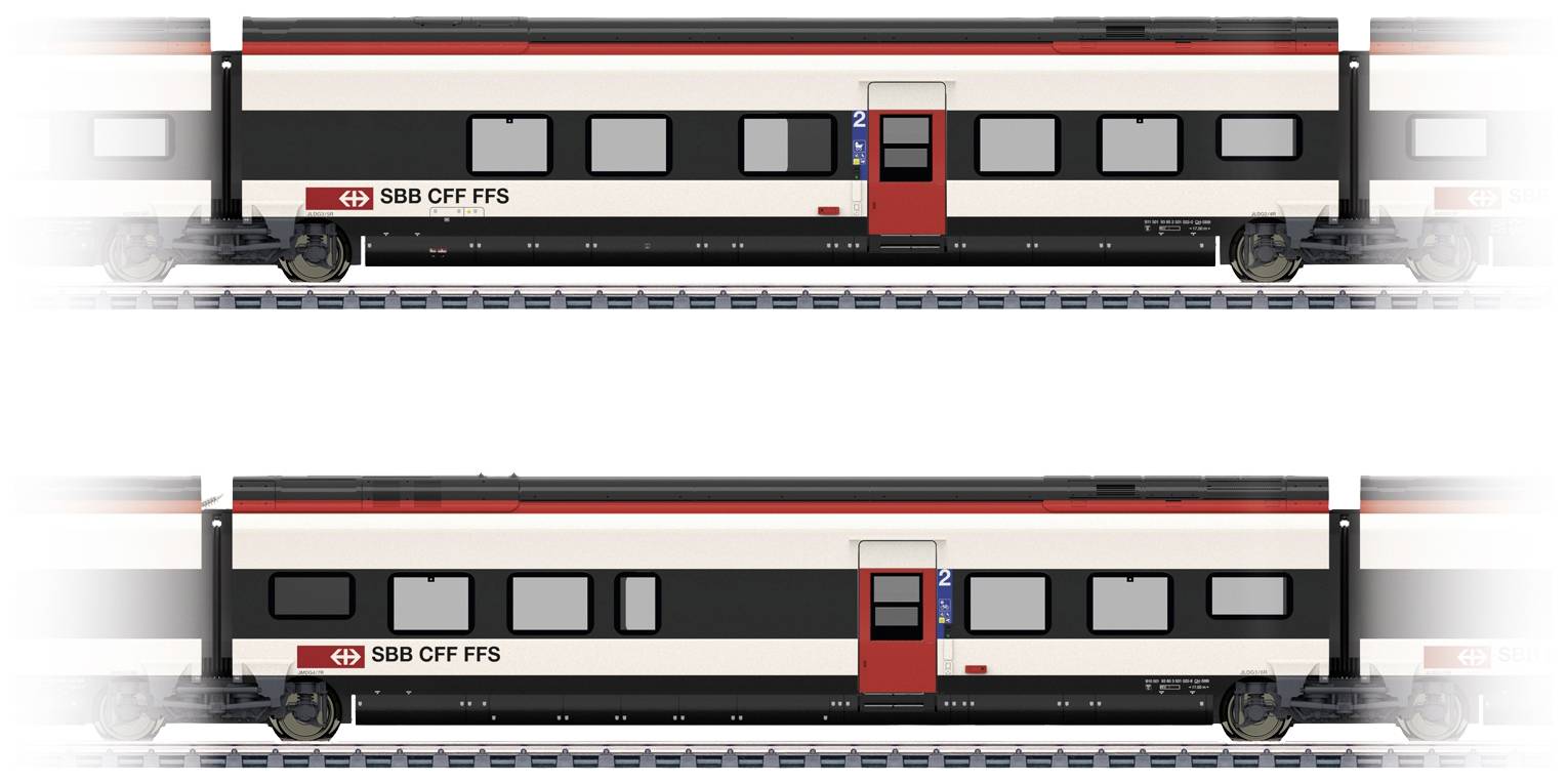 Deux silhouettes de trains CFF SBB FFS sur des rails, arborant des rayures rouge et noir et des portes rouges.