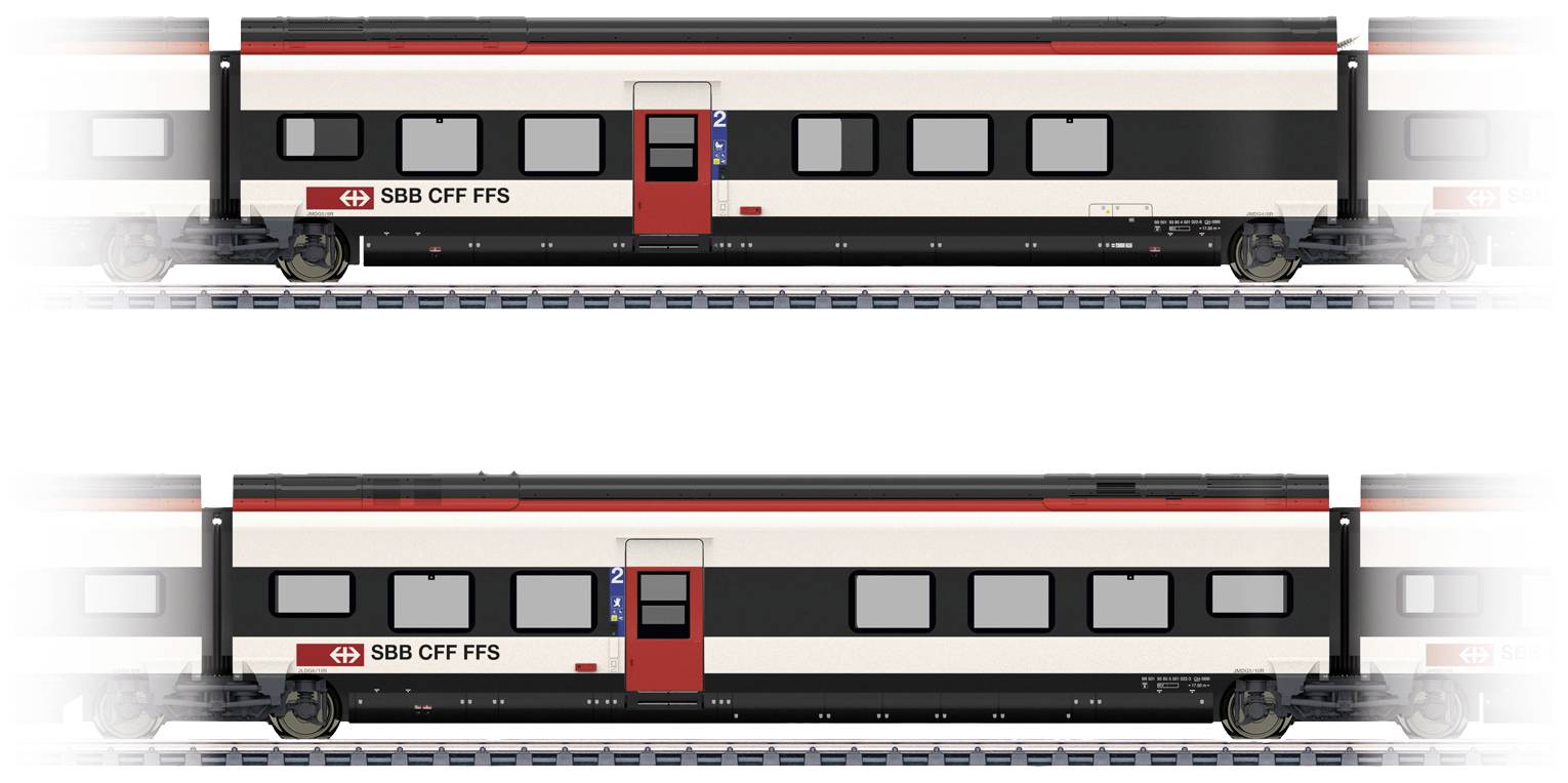 Deux voitures de train identiques portant l'inscription 'SBB CFF FFS', avec un toit noir, des portes rouges, et un habillage latéral blanc et noir.