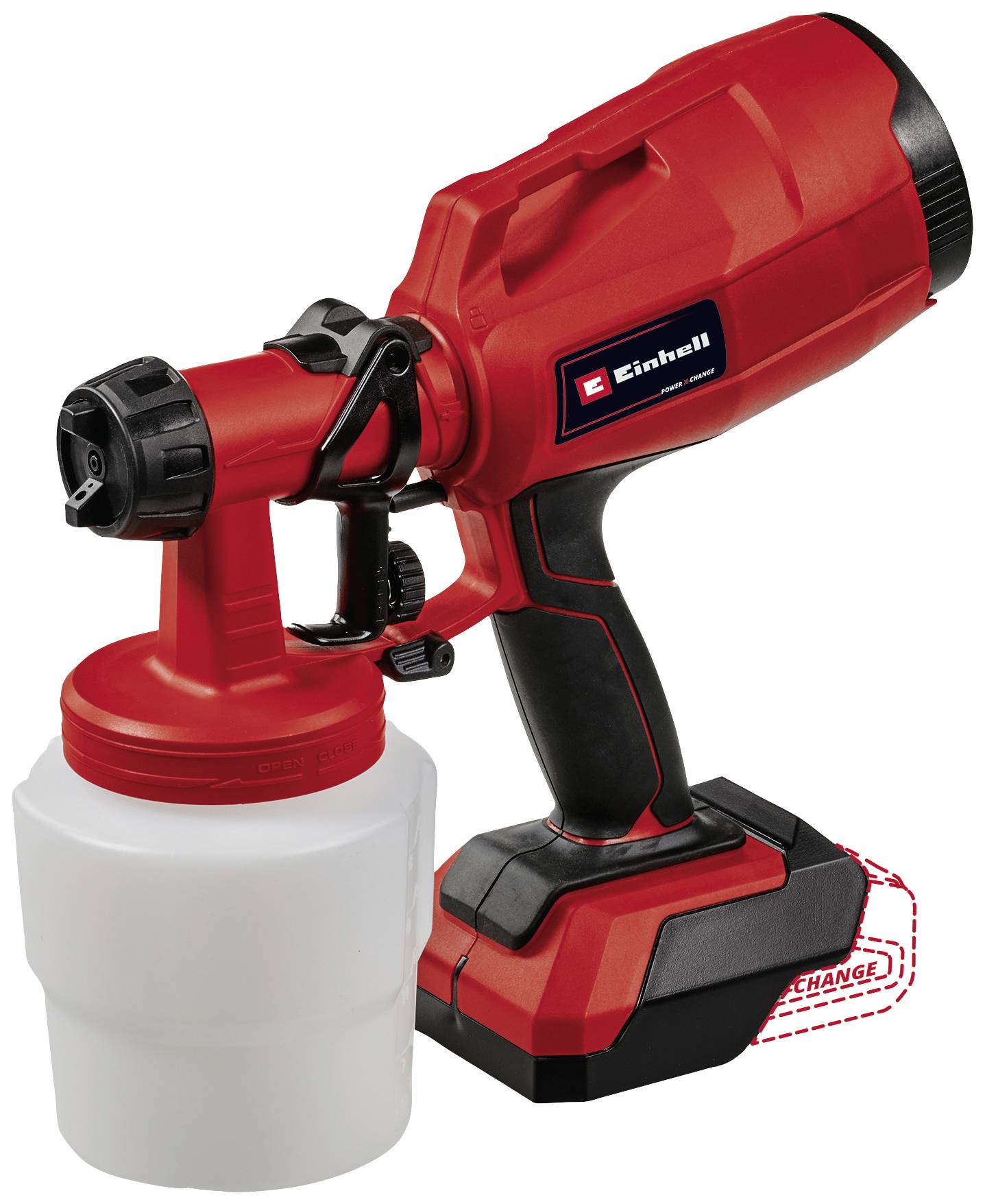 Un système de pulvérisation de peinture rechargeable rouge avec un réservoir blanc, adapté pour la peinture ou le revêtement efficace et mobile.