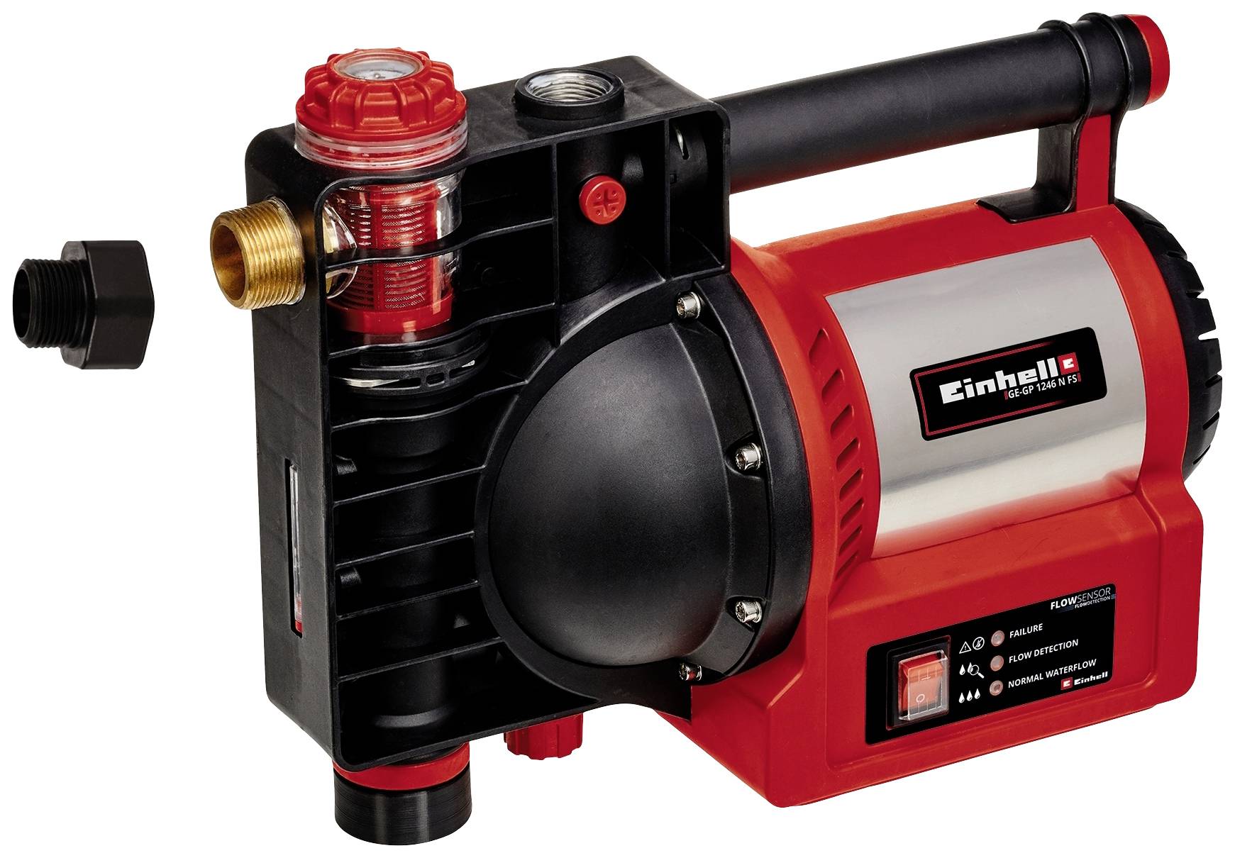 Pompe à eau électrique de la marque Einhell, noir et rouge, avec poignée, interrupteur et raccord, adaptée aux fins d'irrigation.