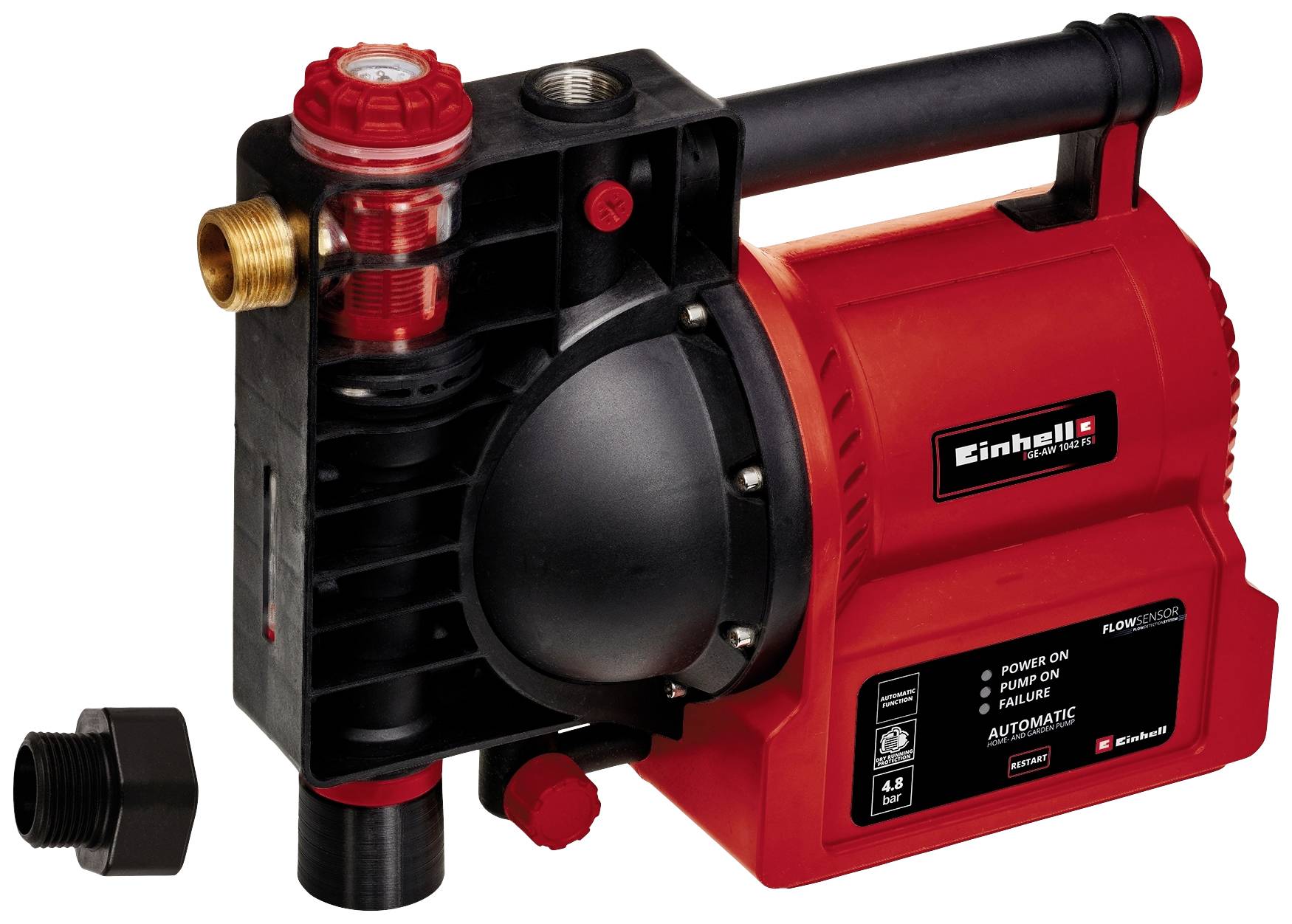 Une pompe à eau rouge avec une poignée de transport intégrée, plusieurs vannes et raccords. Marque 'Einhell', informations du modèle visibles.