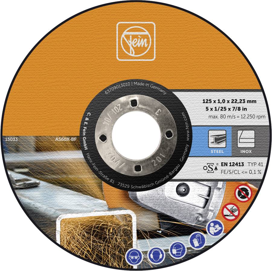 'Disque à tronçonner Fein au design orange et noir, détails : 125 x 1,0 x 22,23 mm, adapté pour l'acier et l'inox, vitesse max 80 m/s.'