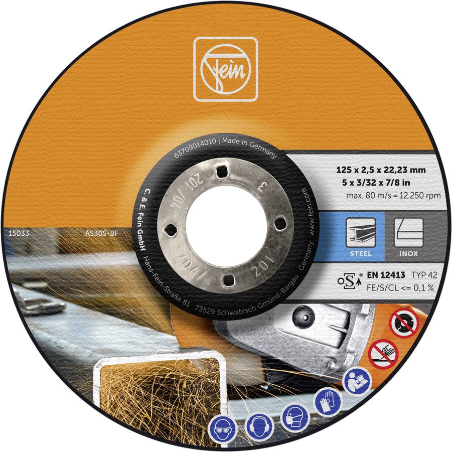 Disque à meuler de la marque 'Fein', adapté pour l'acier et l'acier inoxydable, diamètre 125 mm, vitesse maximale 80 m/s.