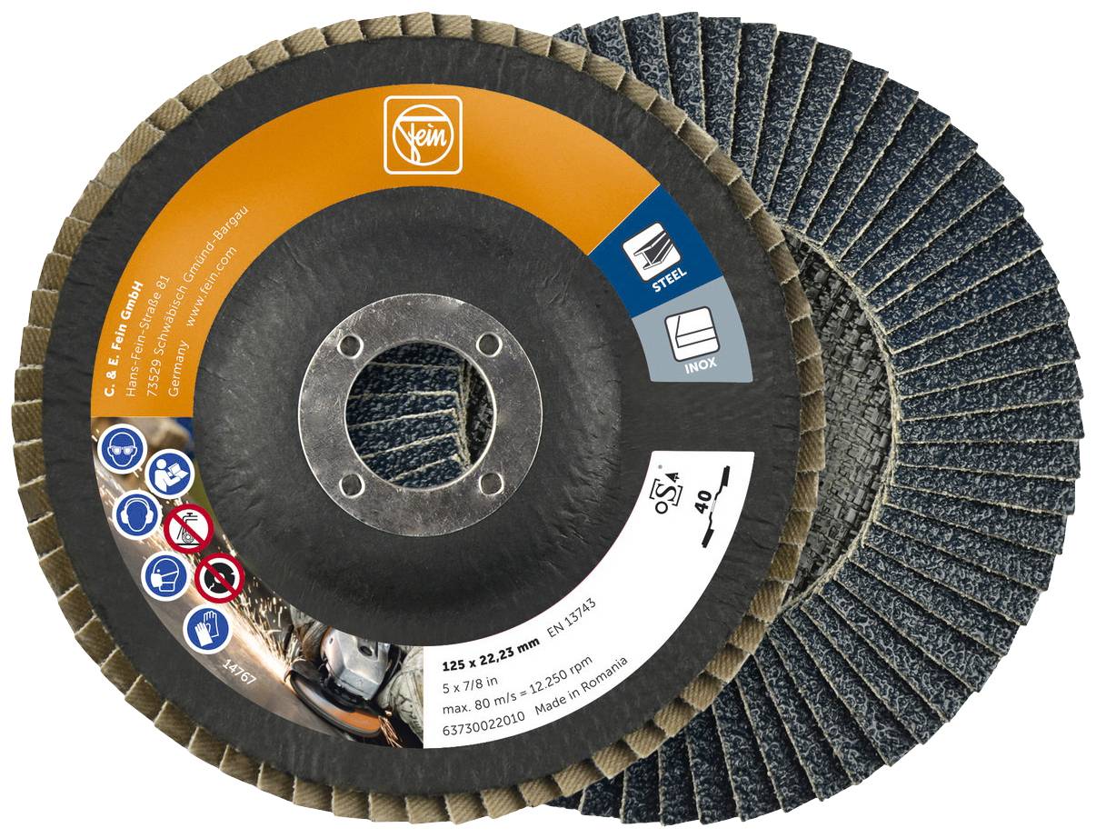 'Disque abrasif de forme circulaire avec des ailettes bleues et une étiquette orange indiquant les informations d'utilisation sur l'acier et le fer.'