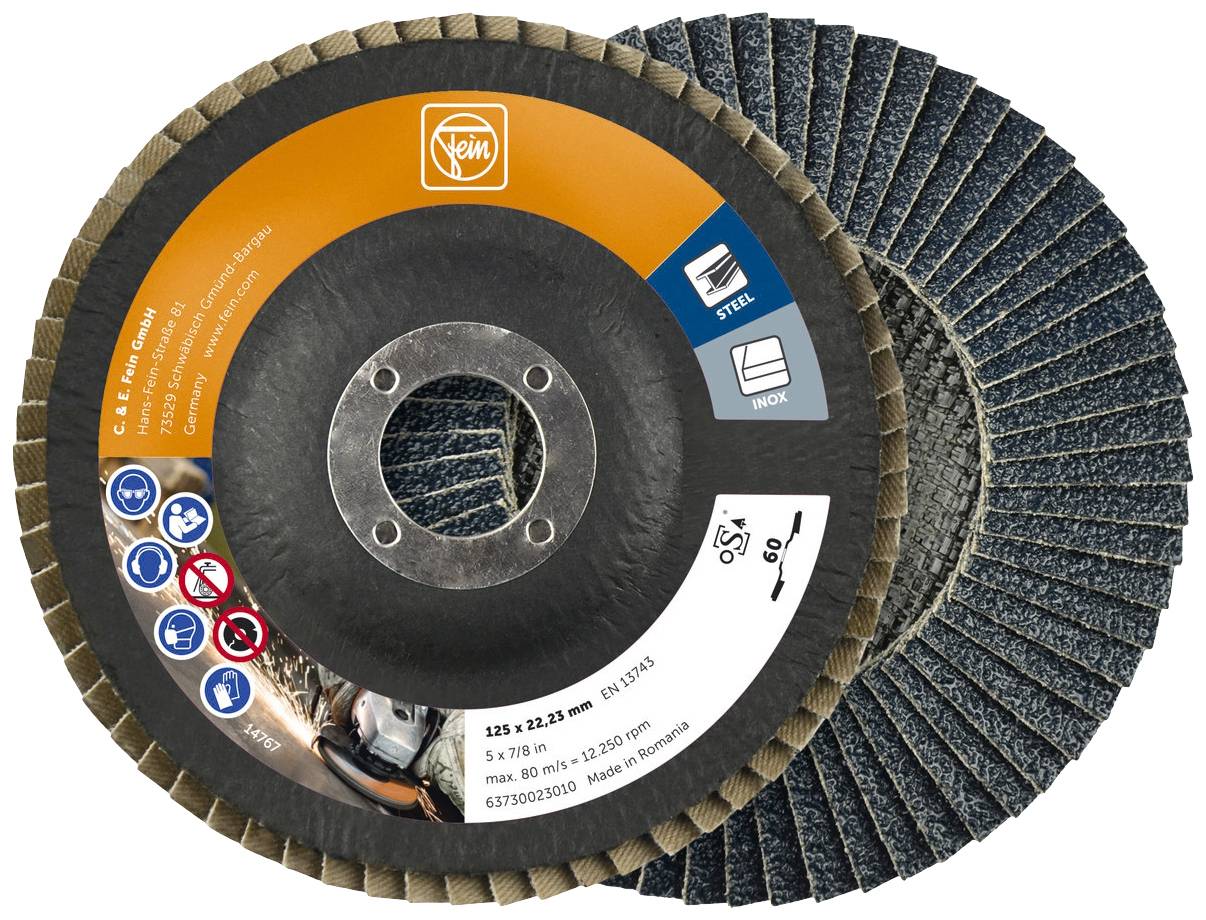 Disque de meulage avec étiquette montrant des applications en acier et en fer, des symboles d'avertissement de sécurité et le logo de la marque.