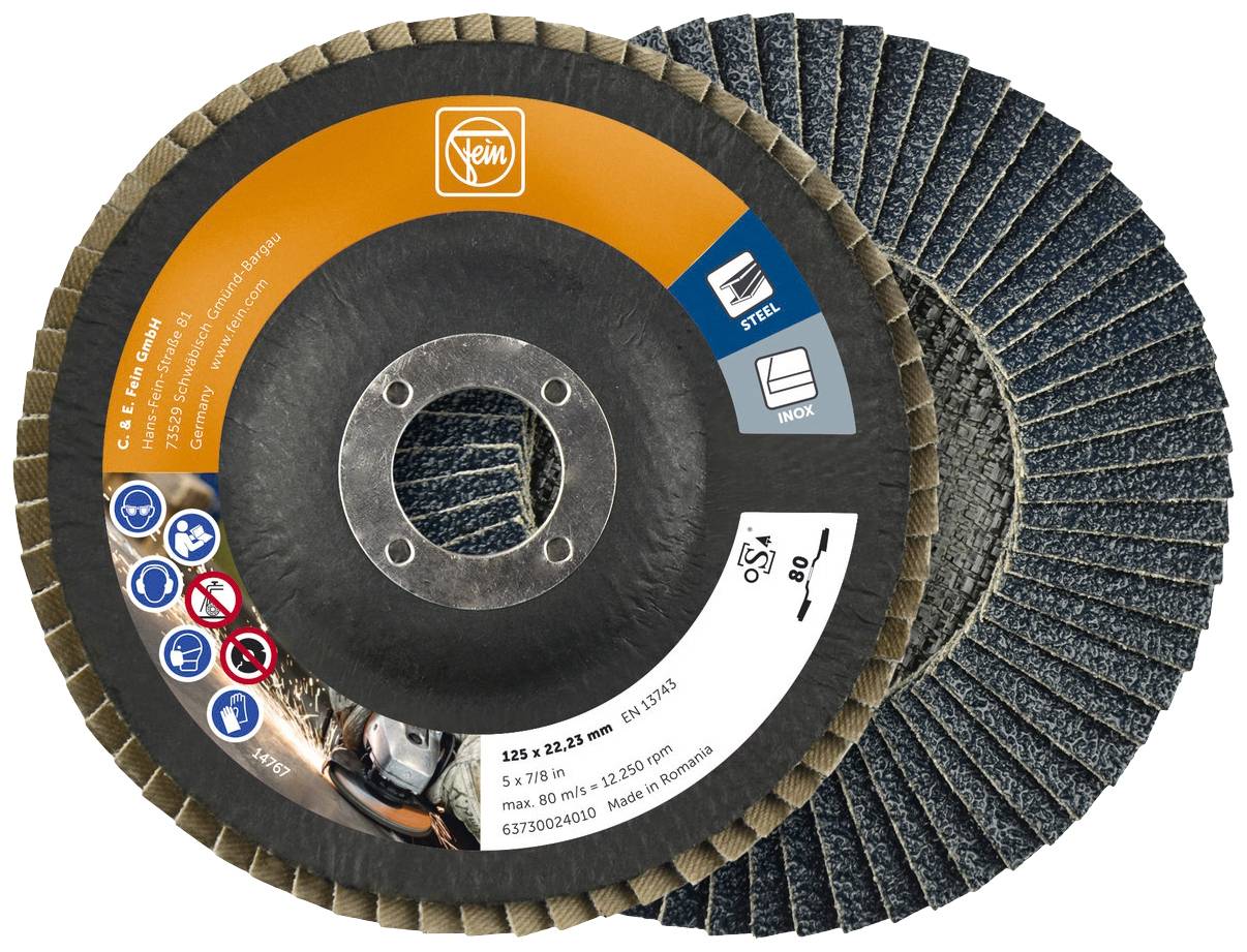 Disque à tronçonner FEIN pour acier et acier inoxydable avec alésage multiple, diamètre 125 mm, vitesse max. 12.200 tr/min, matériau en zircon-corindon.