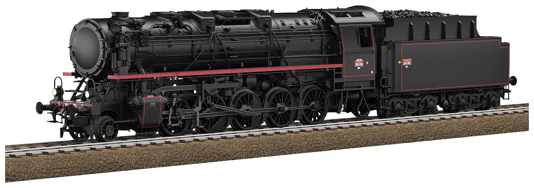 Locomotive à vapeur noire sur des rails. Design historique avec des accents rouges. Chargée de charbon dans la zone arrière.