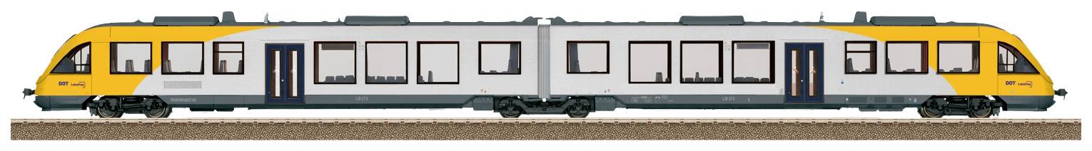 Un train jaune et gris avec deux wagons sur une voie ferrée. Le train possède plusieurs fenêtres et portes, et est destiné au transport de passagers.