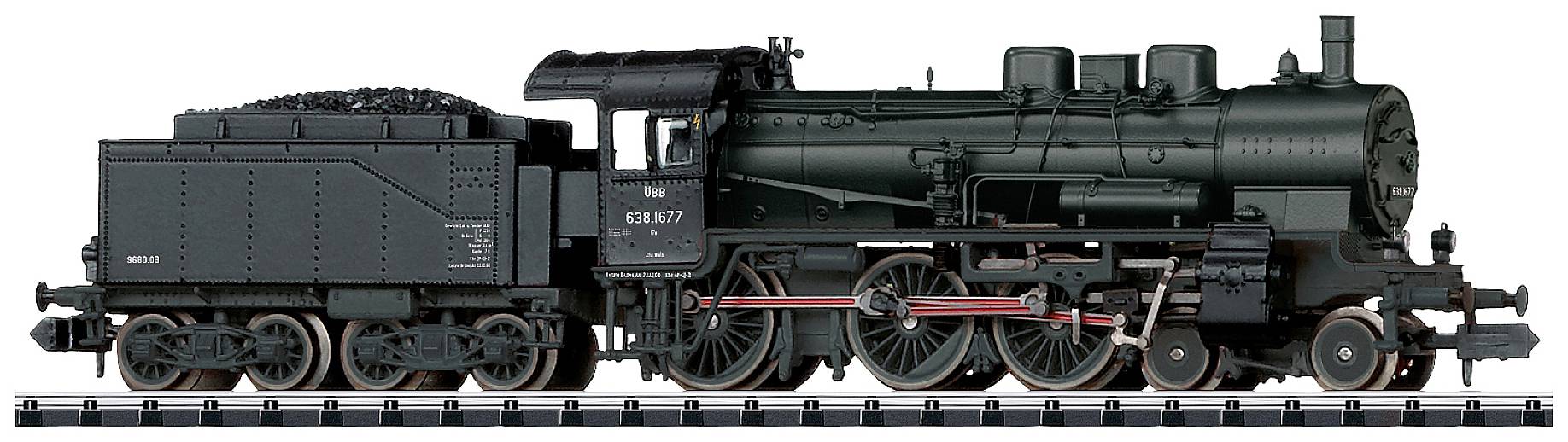 Un modèle noir d'une locomotive à vapeur sur des rails, détaillé avec plusieurs roues et un réservoir d'eau, vue de côté.