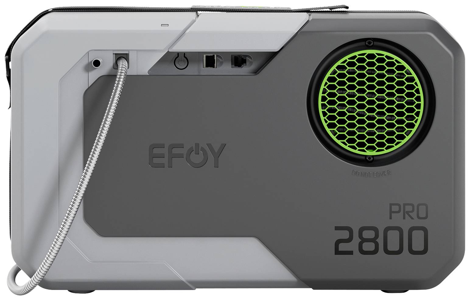 Dispositif portable à pile à combustible portant l'inscription 'EFOY Pro 2800', boîtier gris avec grille de ventilation verte et câble de connexion.