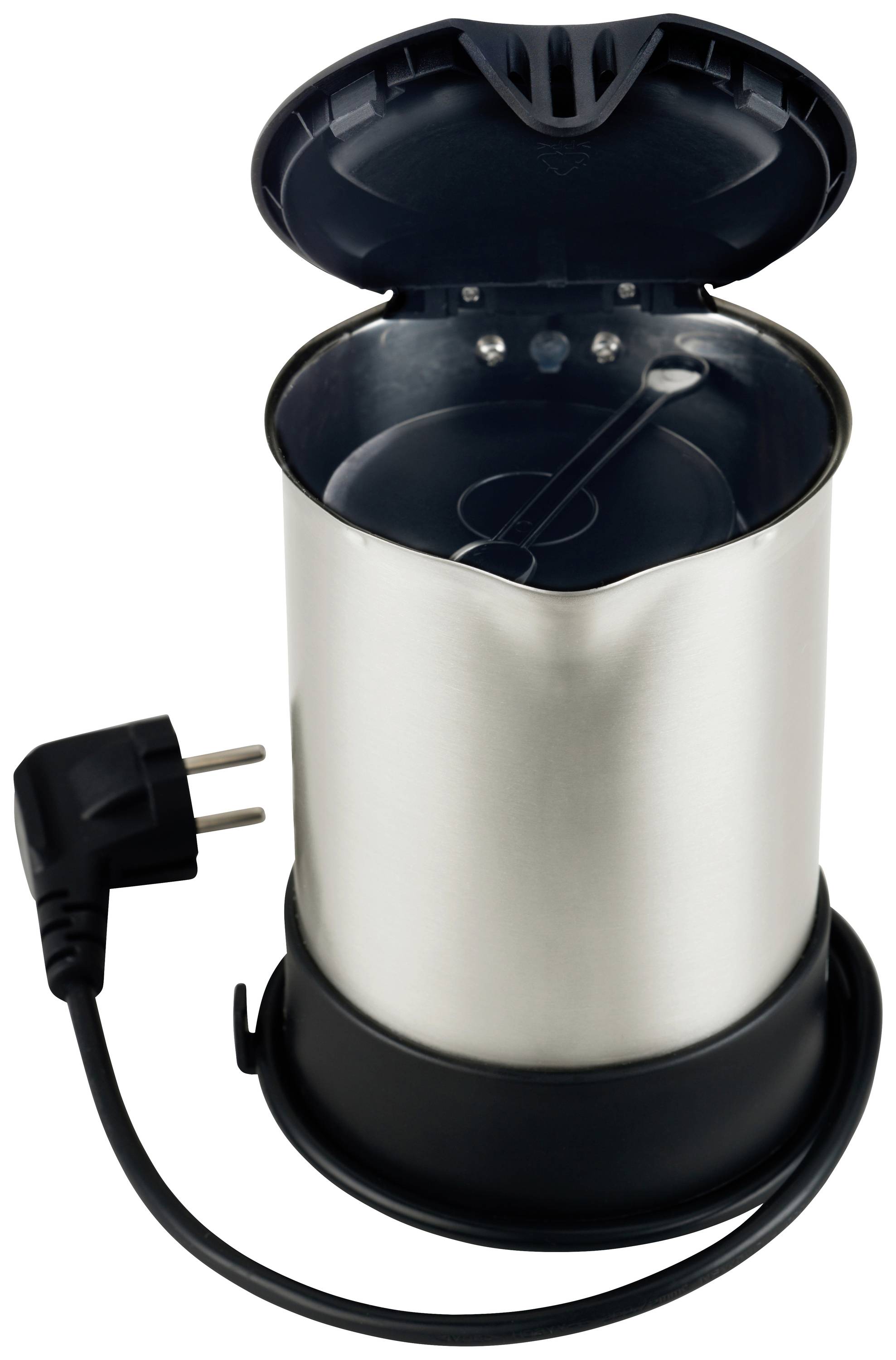 Bouilloire électrique en acier inoxydable avec couvercle ouvert, intérieur visible et fiche secteur. Parfaite pour chauffer rapidement l'eau.