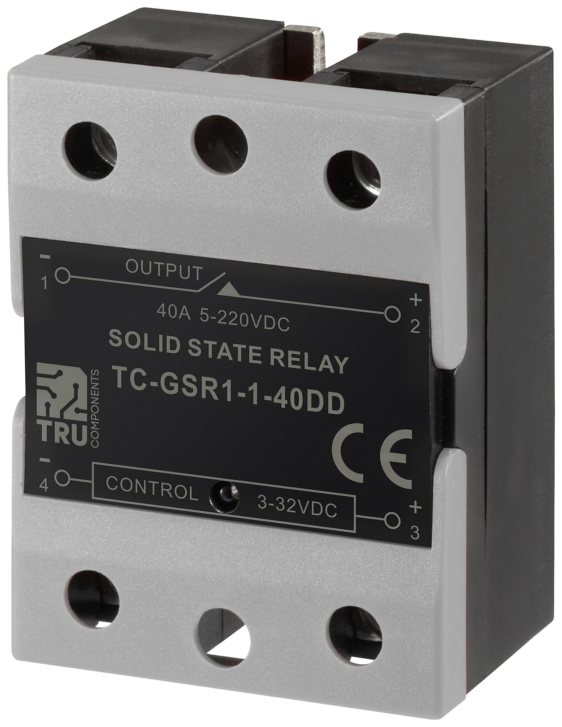 Un relais statique de type 'TC-GSR1-1-40DD', adapté pour 40A et 5-220VDC, avec une plage de contrôle de 3-32VDC.