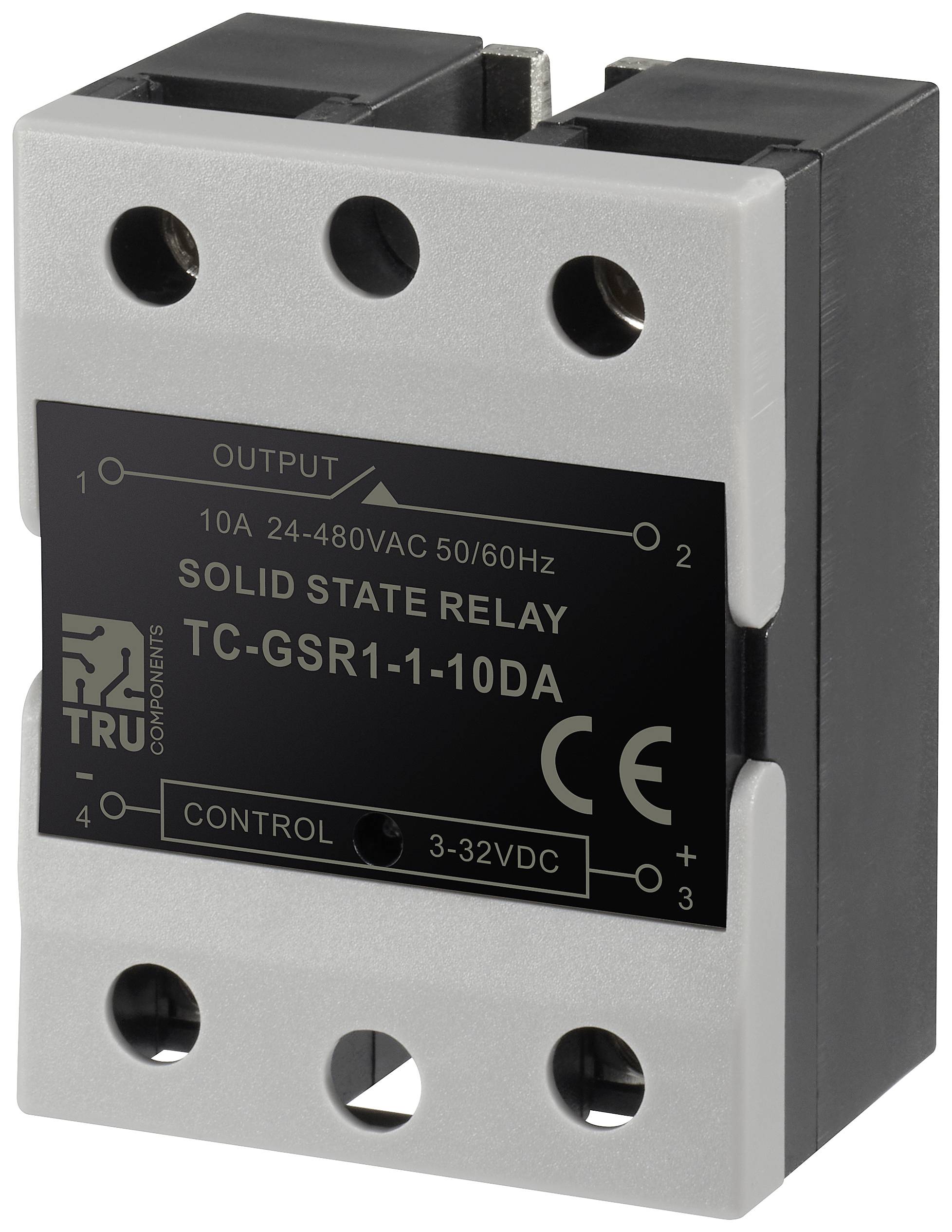 Un relais statique portant l'inscription 'Solid State Relay TC-GSR1-1-10DA', 10A, 24-480VAC, 3-32VDC, sur un fond blanc.