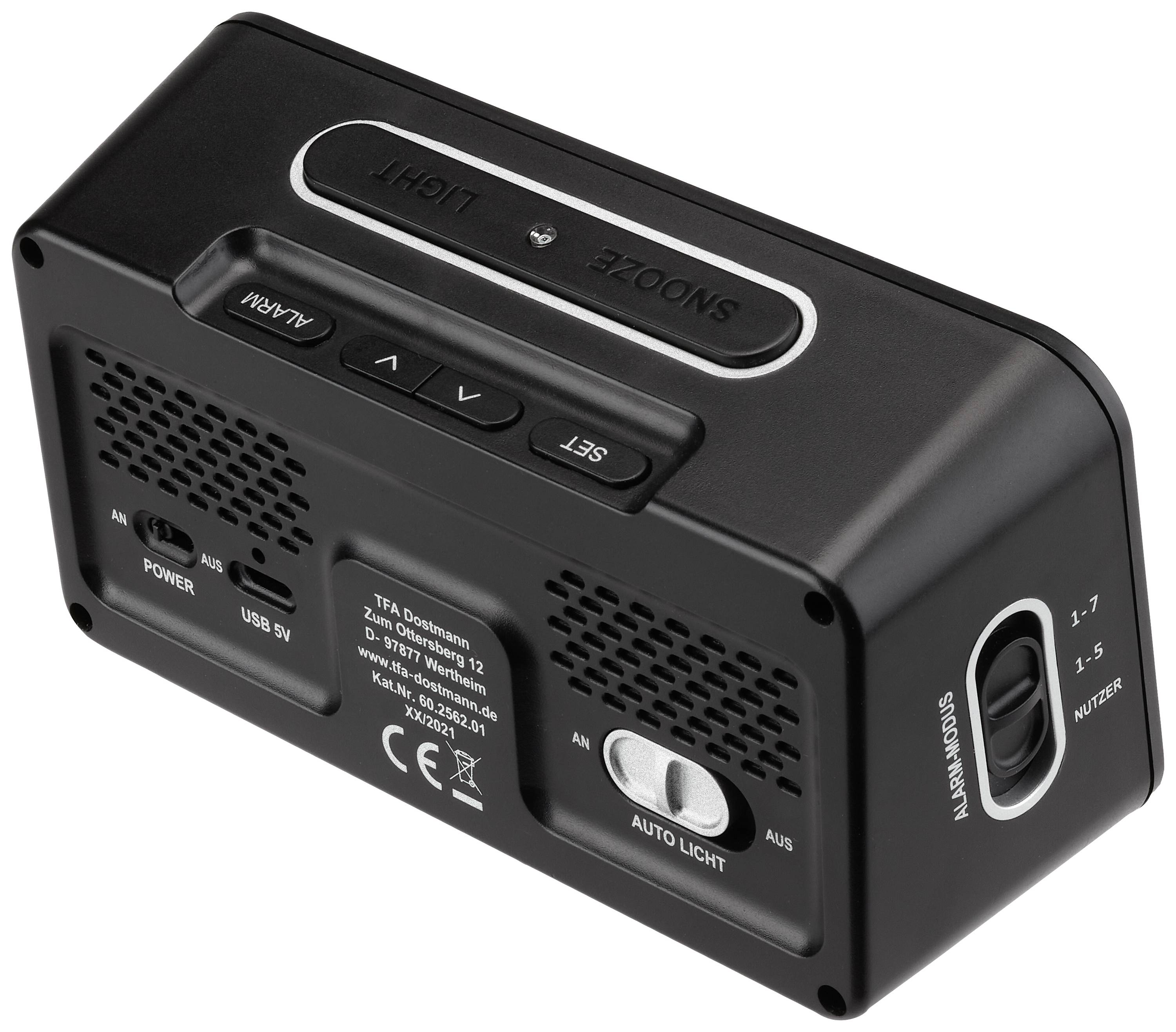 TFA Dostmann 60.2562.01 radiopiloté(e) Réveil noir, argent Heures de réveil 2 grand écran