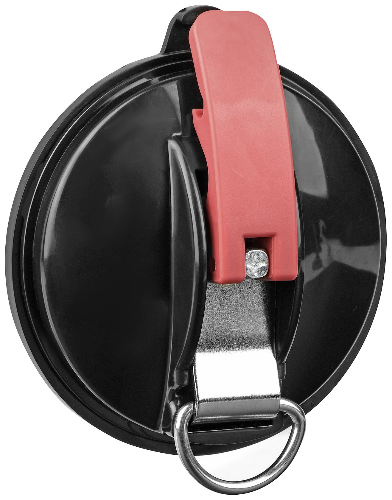 Un couvercle en plastique noir avec un clip de fermeture rouge, contenant un support de bague métallique. Principalement utilisé pour les systèmes de fixation mécanique.