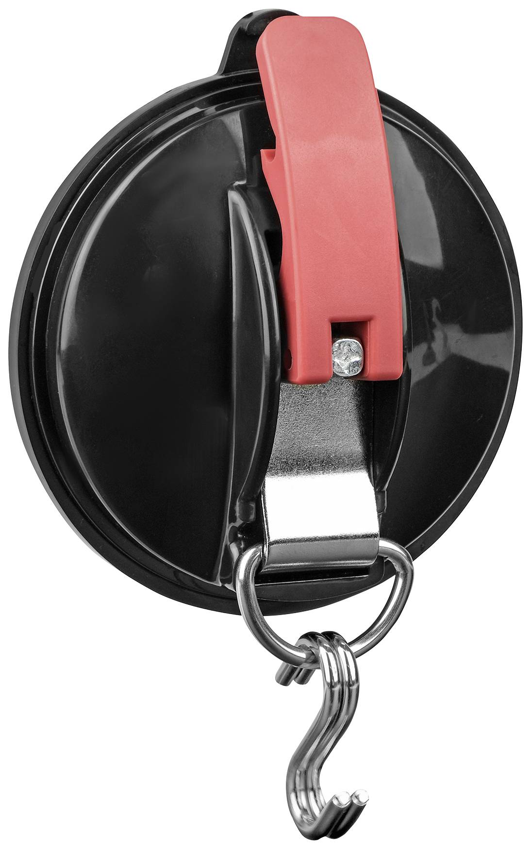 Ventouse en plastique avec levier de tension rouge et crochet en métal. Idéal pour suspendre des objets sur des surfaces lisses.