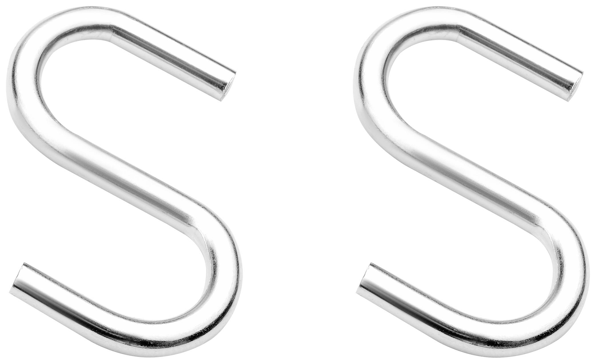 Deux crochets S en argent côte à côte sur un fond blanc. Idéaux pour suspendre des objets comme des ustensiles de cuisine ou des vêtements.