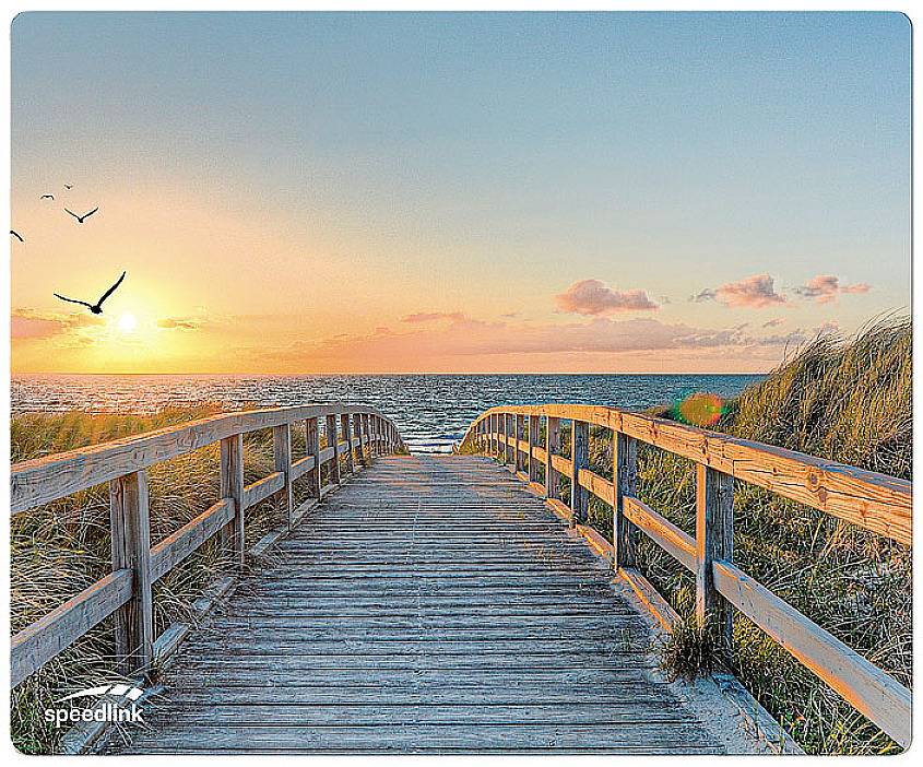 Passerelle en bois menant à la plage, encadrée par des dunes, au coucher du soleil. Des oiseaux volent dans le ciel, mer calme en arrière-plan.