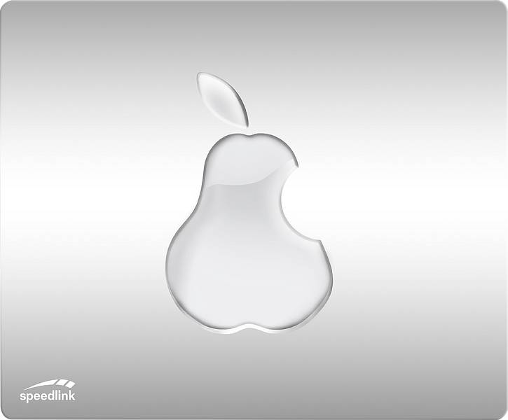 Un logo brillant en forme de pomme avec une morsure, combiné au mot 'speedlink' en bas à gauche sur un fond argenté.