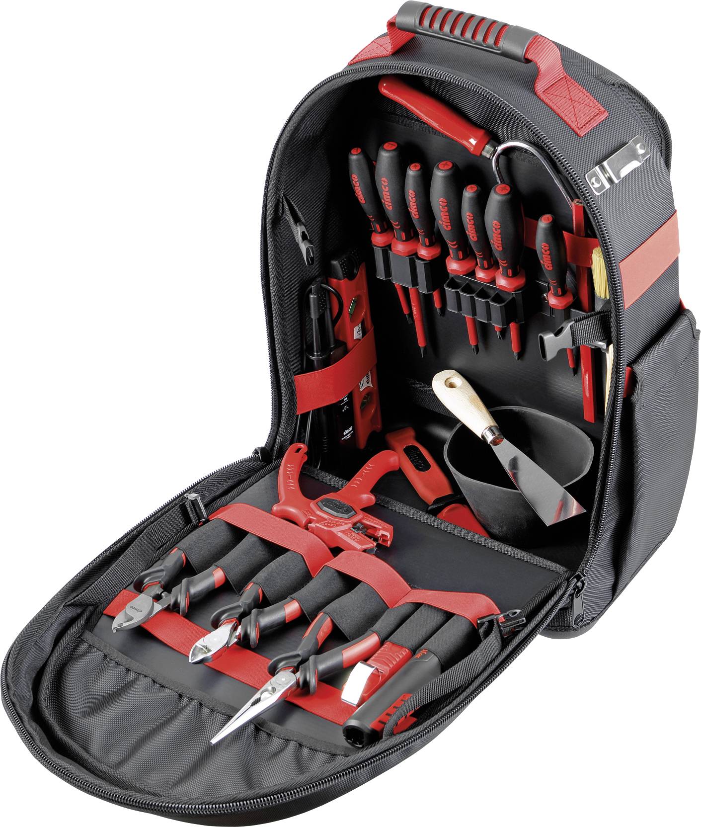 Un sac à dos à outils ouvert avec divers outils bien organisés, incluant des tournevis et des pinces.