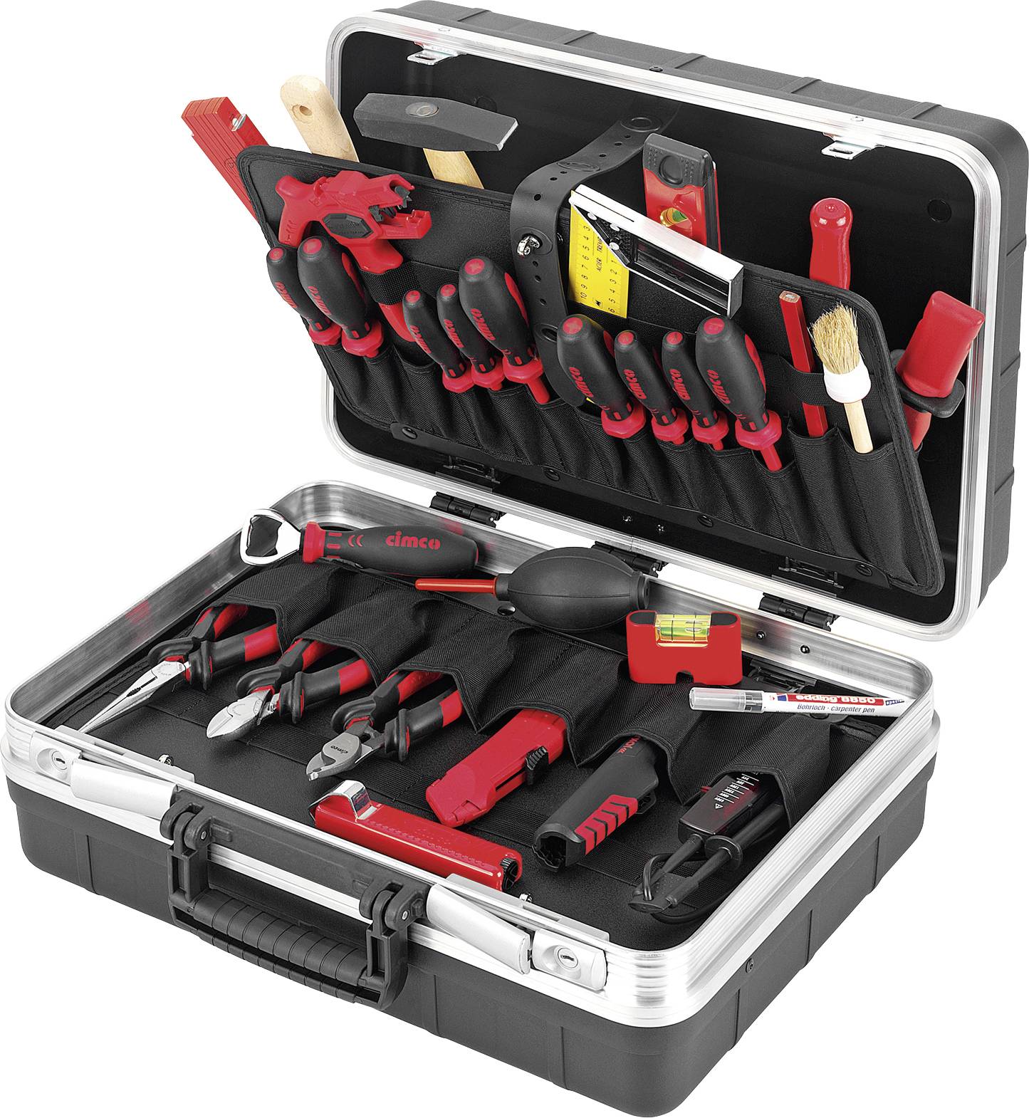 Une boîte à outils ouverte contenant divers outils manuels tels que des tournevis, des pinces et un mètre ruban, tous soigneusement rangés.