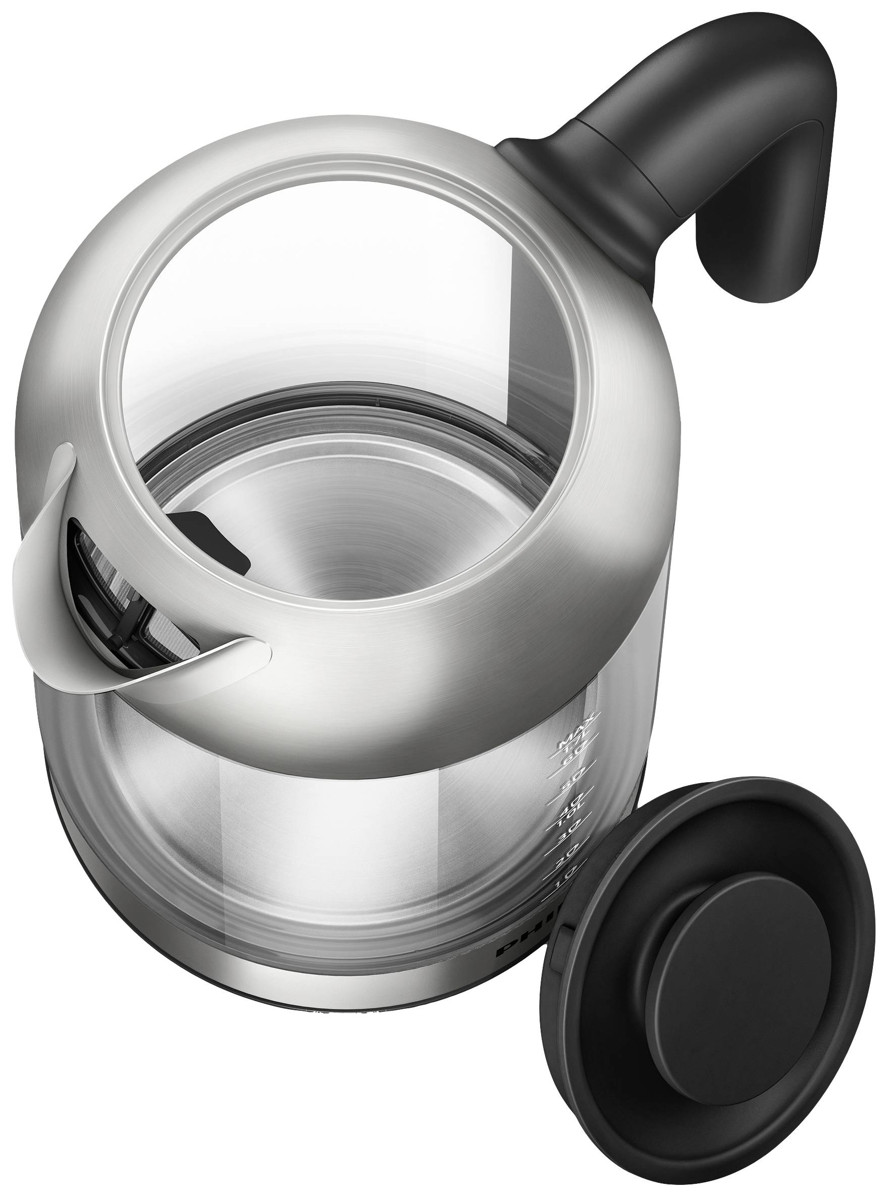 Bouilloire en argent avec boîtier en verre et poignée noire, couvercle retiré, sur fond blanc.