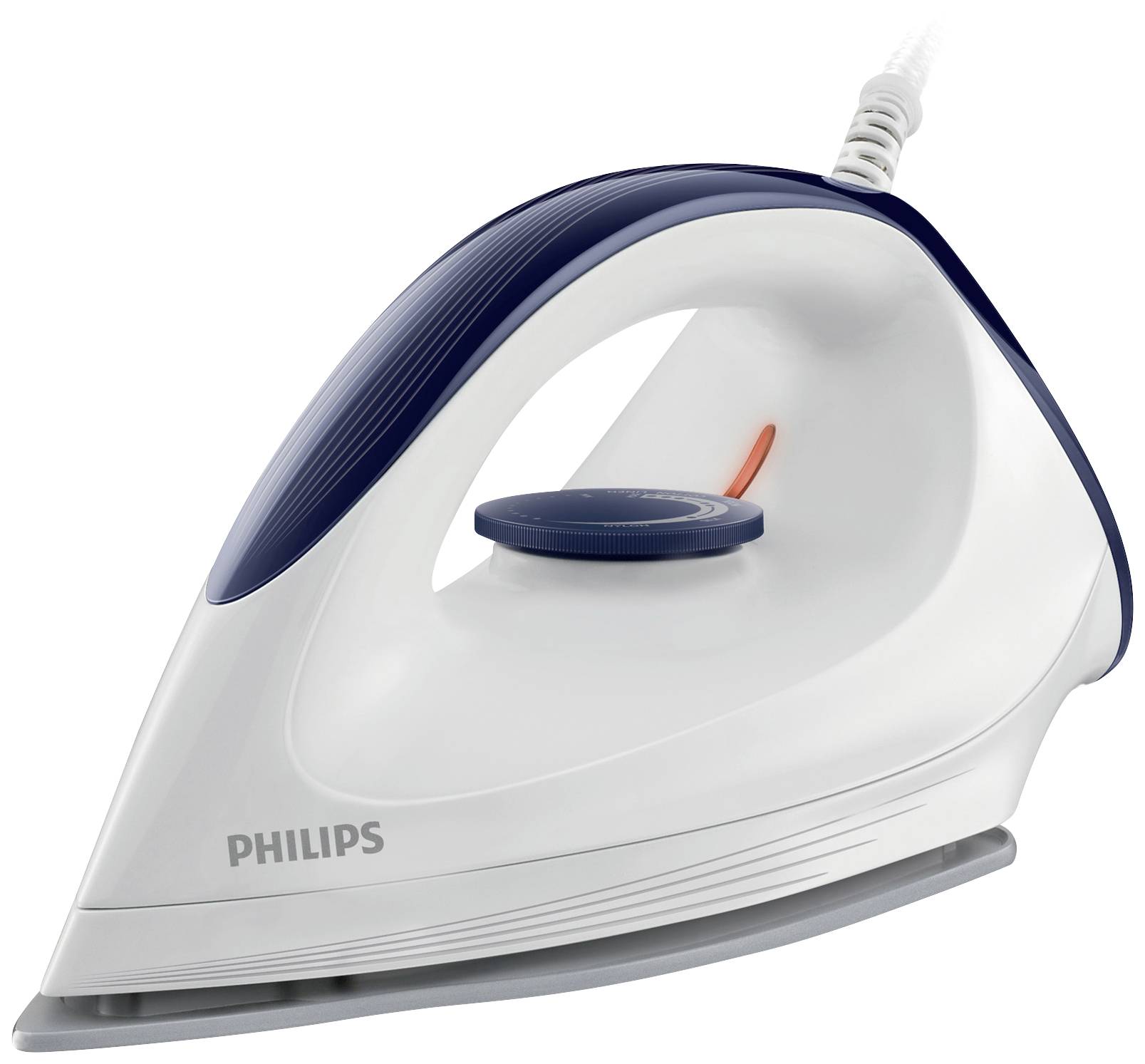 Un fer à repasser Philips, blanc avec des touches bleues. Design épuré, bien visible.