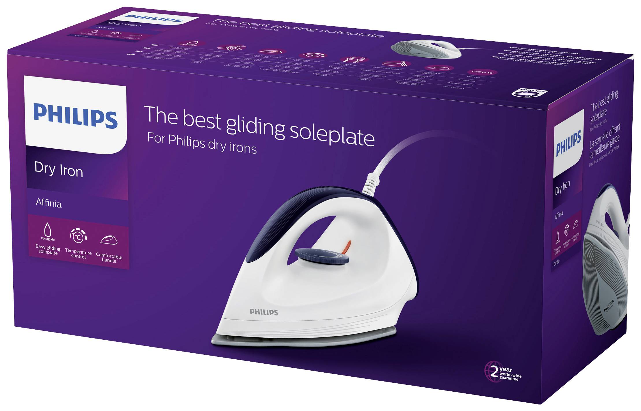 Un carton pour un fer à repasser vapeur Philips avec le slogan 'La semelle de glissement la plus performante'. L'emballage présente le fer à repasser et ses caractéristiques produit.