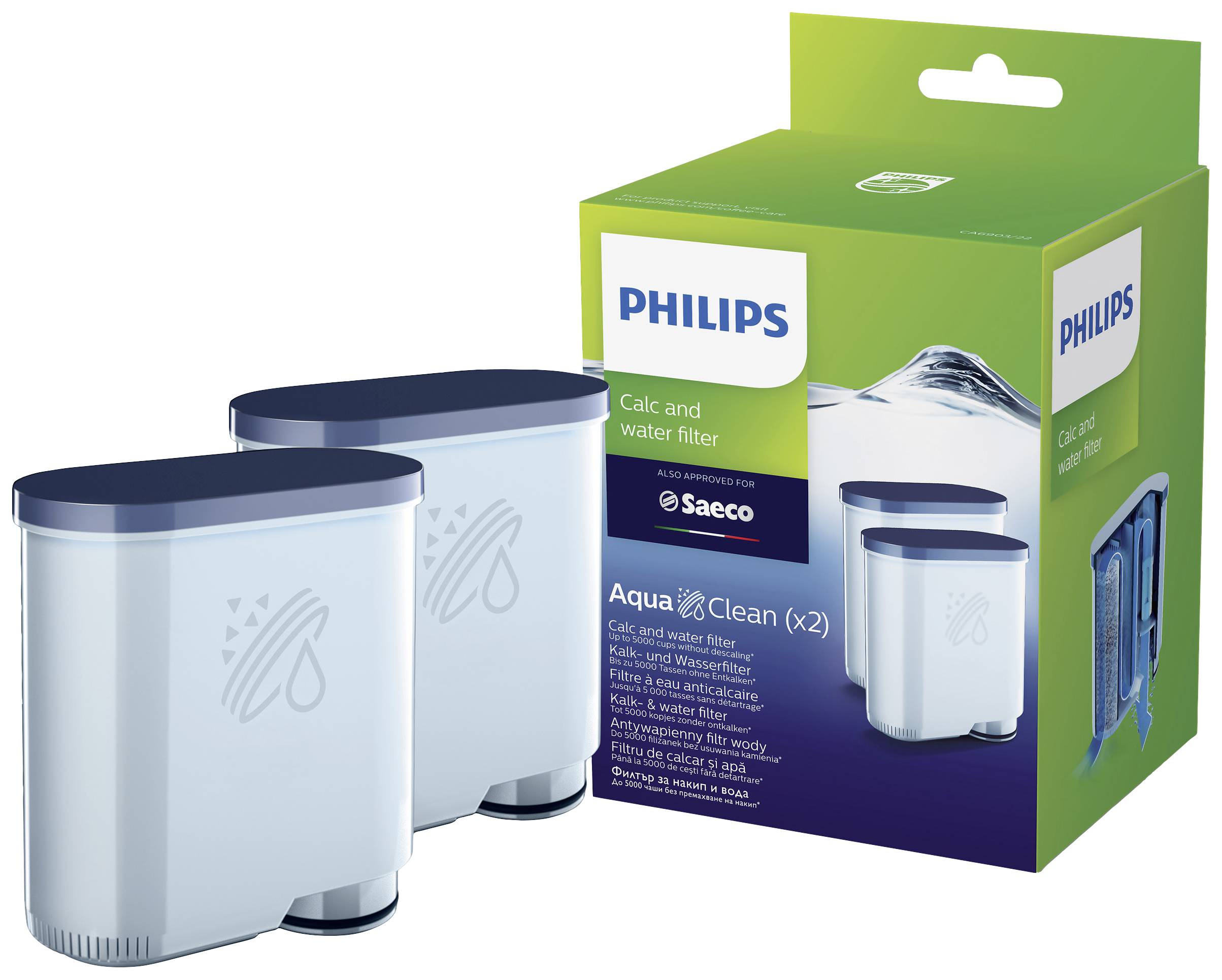 Filtre à eau Philips AquaClean, lot de 2. L'emballage présente un filtre anti-calcaire pour machines à café Saeco.