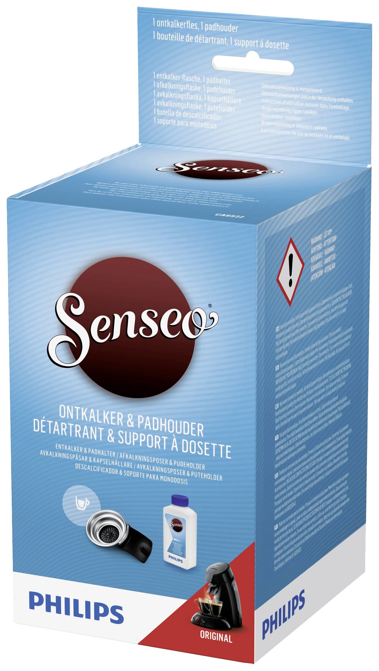Ensemble détartrant et support de dosettes 'Philips Senseo' avec image du produit et instructions d'utilisation dans différentes langues.