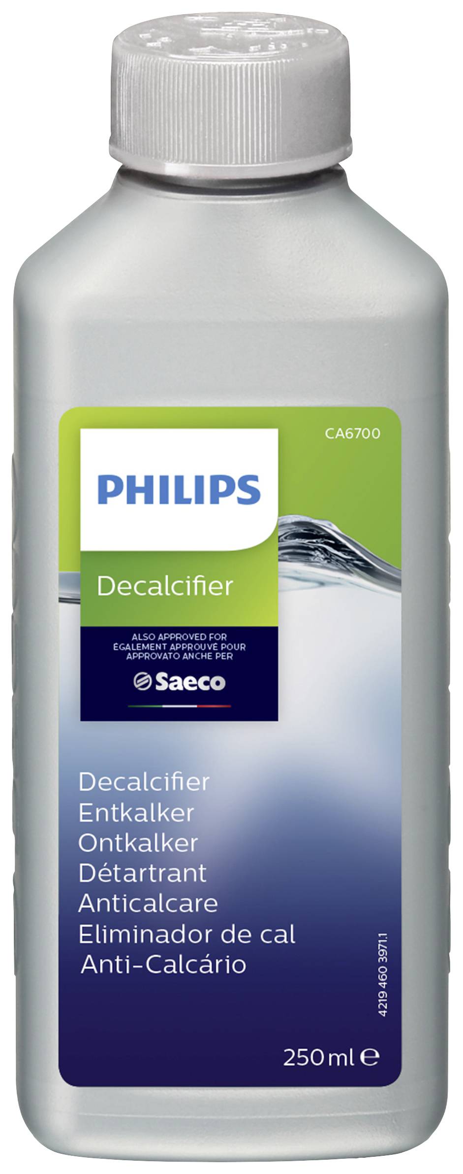 Bouteille de 250 ml portant l'inscription 'Détartrant Philips', pour le détartrage des machines à café.