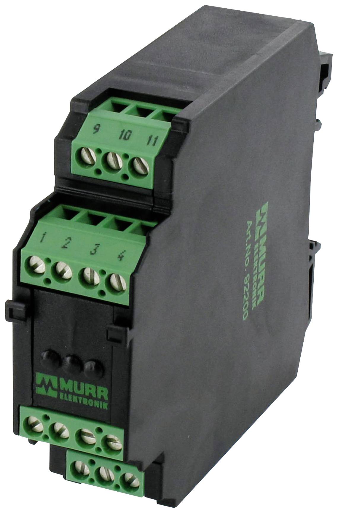 Un module électrique noir de MURR Elektronik avec des bornes de connexion vertes, modèle MTS. Idéal pour les applications industrielles.