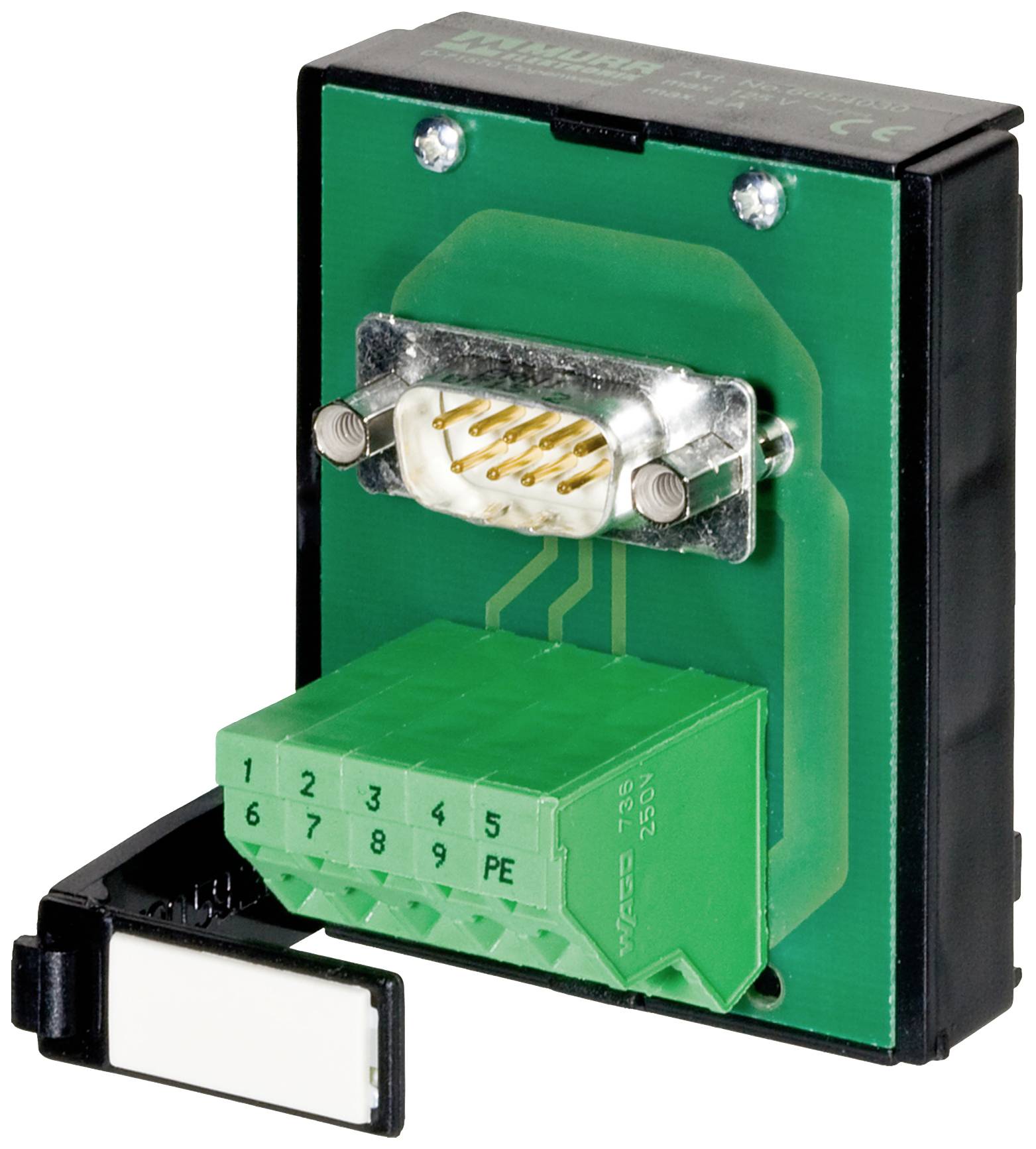 Un module électrique avec connecteur vert et connexion à neuf pôles. Adapté aux applications industrielles.