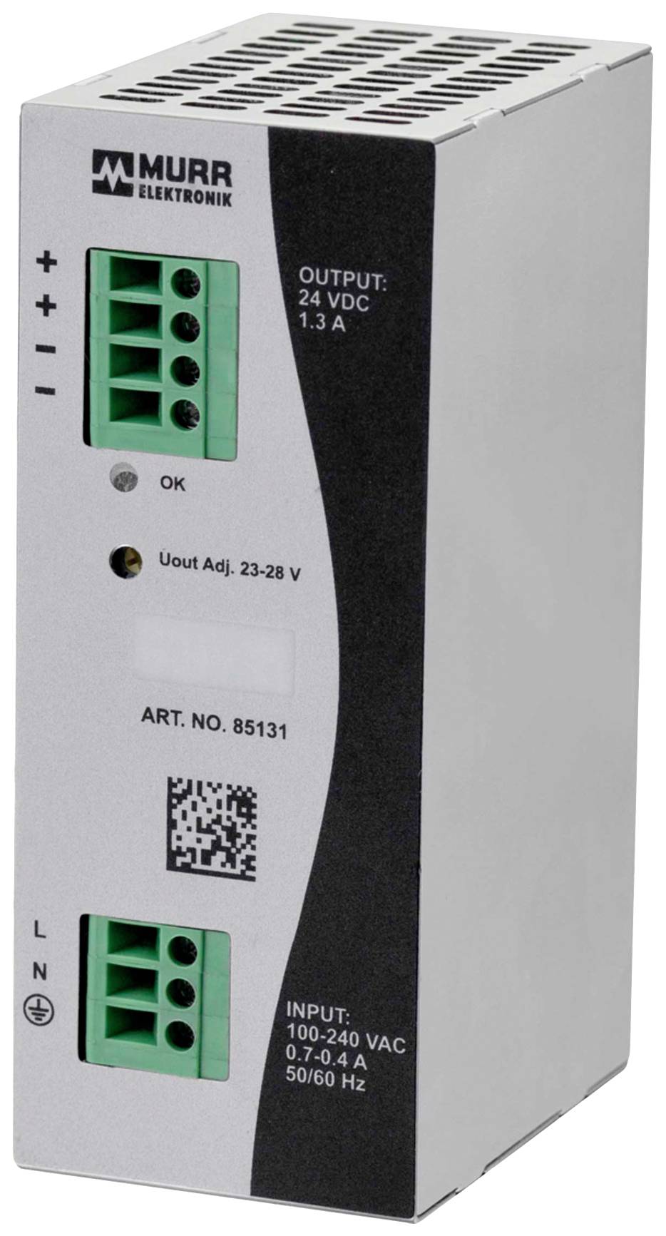 Unité d'alimentation électrique de Murr Elektronik avec entrée de 100-240 VAC et sortie de 24 VDC, 1,3 A, numéro de modèle 85131.