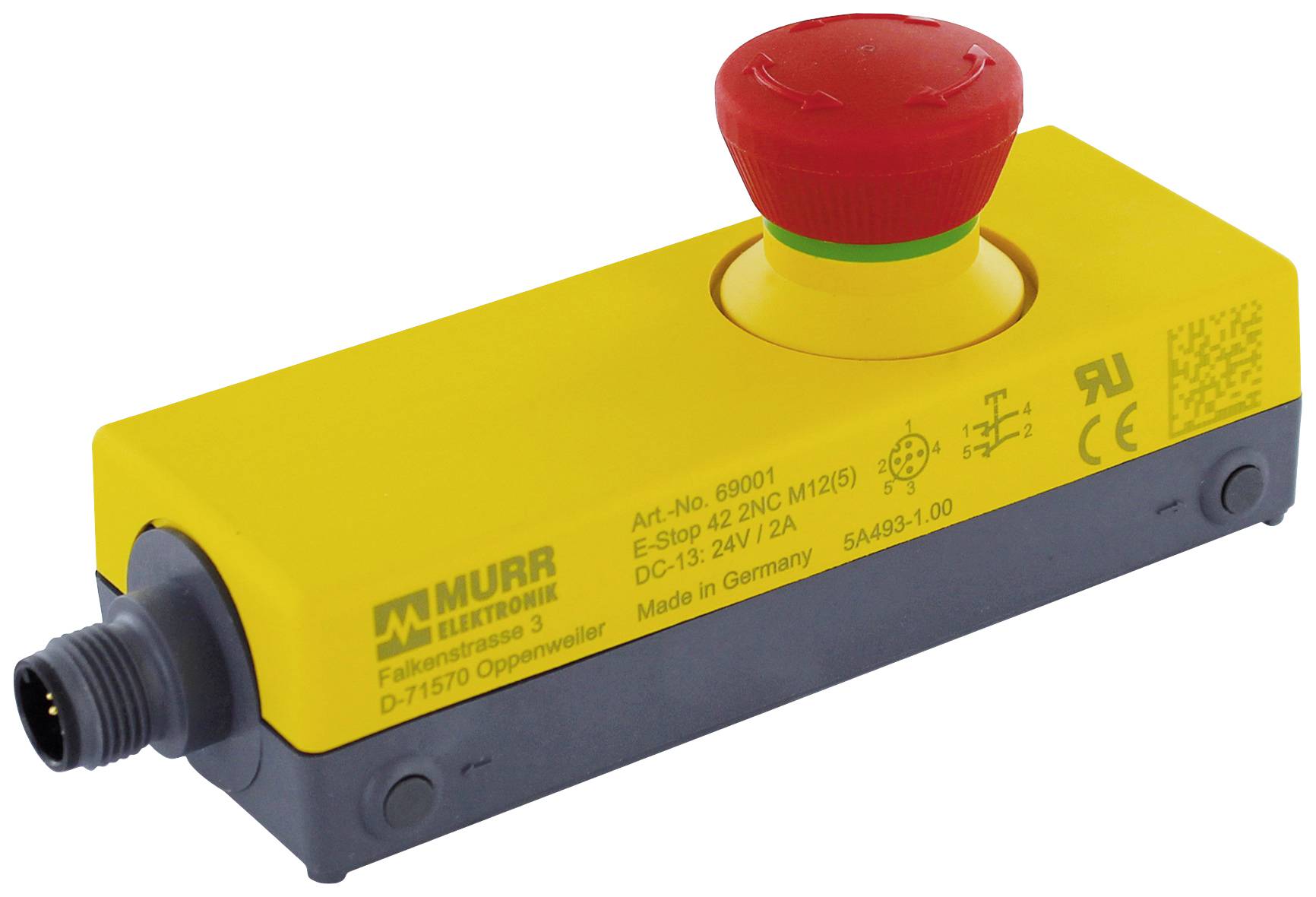 Bouton d'arrêt d'urgence jaune avec bouton rouge et connexions, étiqueté avec des spécifications techniques, utilisé dans les systèmes de commande de machines.