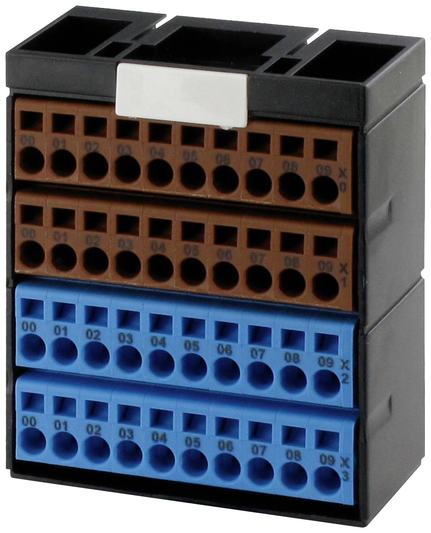 Module de bloc de bornes avec trois rangées, deux brunes et une bleue. Chaque rangée dispose d'ouvertures de connexion numérotées pour les câbles électriques.